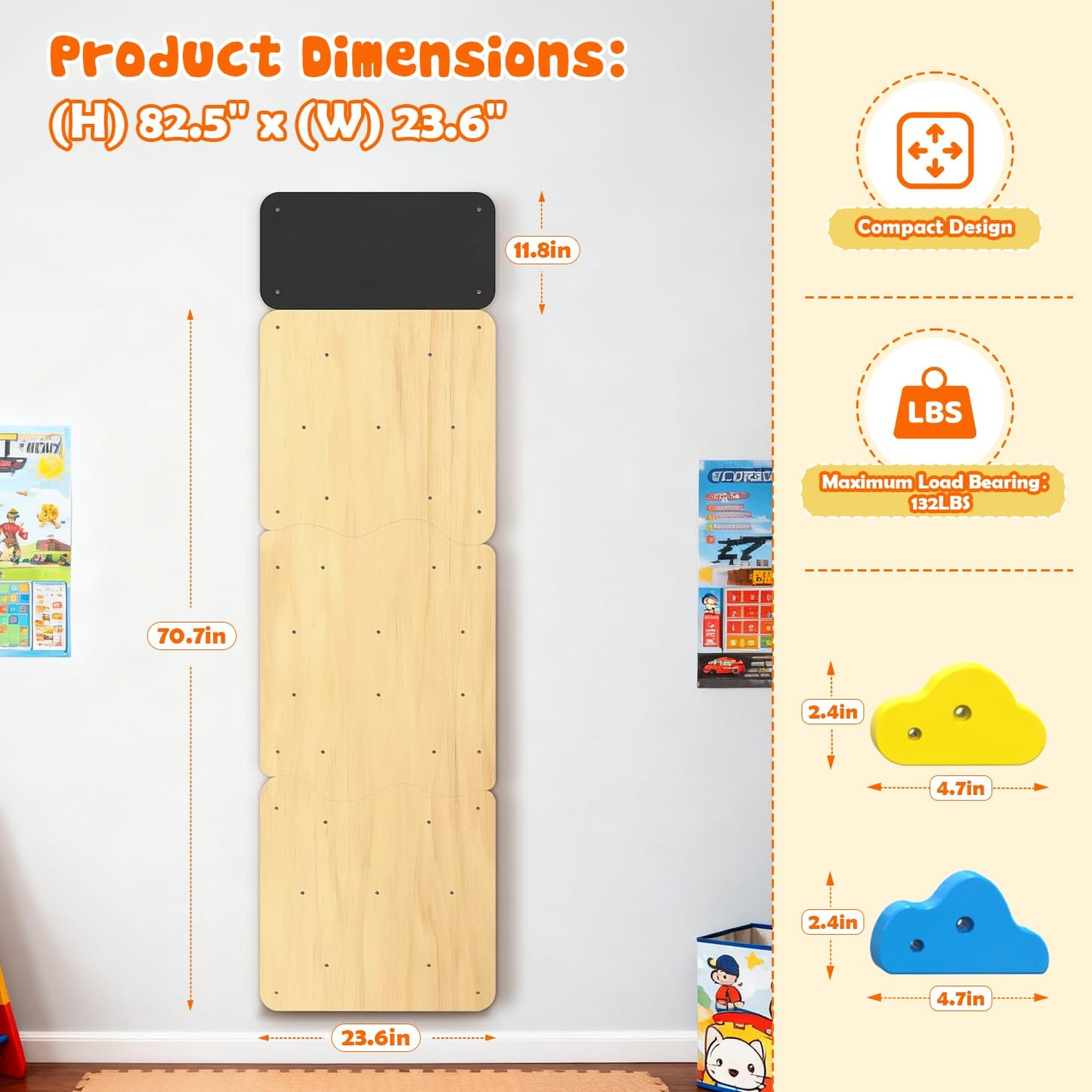 DOLEMODUO Wooden Climbing Wall, Kids Indoor Climbing Wall Panels with 12 Rock Holds, Montessori Climbing Toy for Playroom & Home Gym, Aged 3+