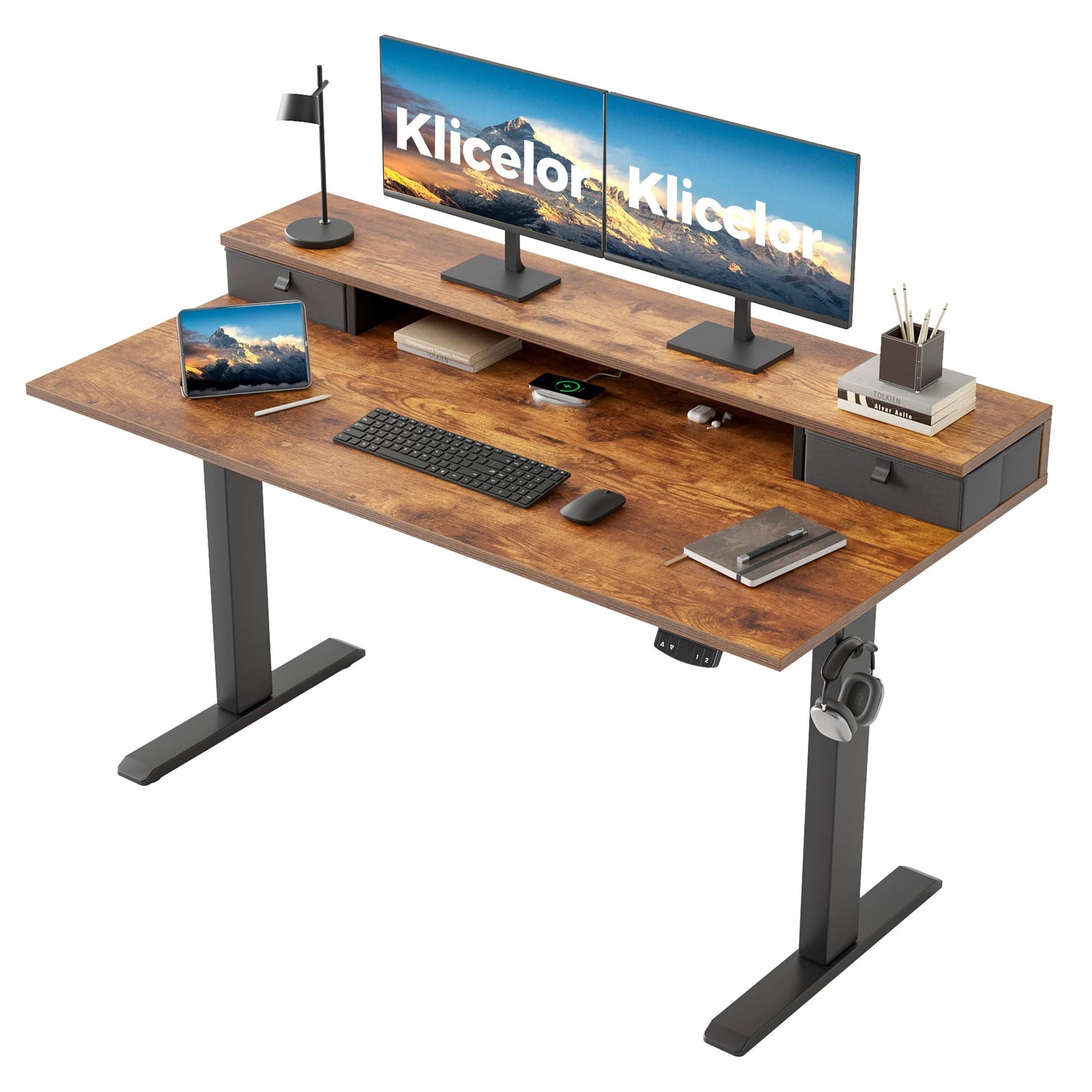 Klicelor 55 Inch Electric Standing Desk with Drawers, Adjustable Height Small Sit Stand Desk for Home Office, Compact Computer Workstation with Storage– Rustic Brown