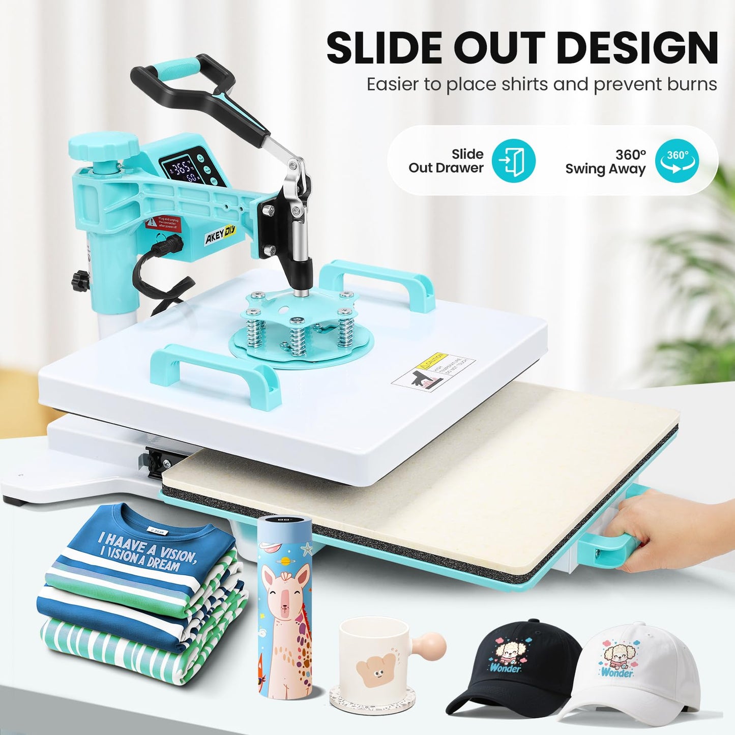 AKEYDIY Upgraded Heat Press Machine 8 in 1 Combo 15 X15 Digital Multifunction Shirt Press Machine for T Shirts Sublimation Machine 360-Degree Swing Away Dual-Tube Heating for DIY T-Shirts Caps&Mugs