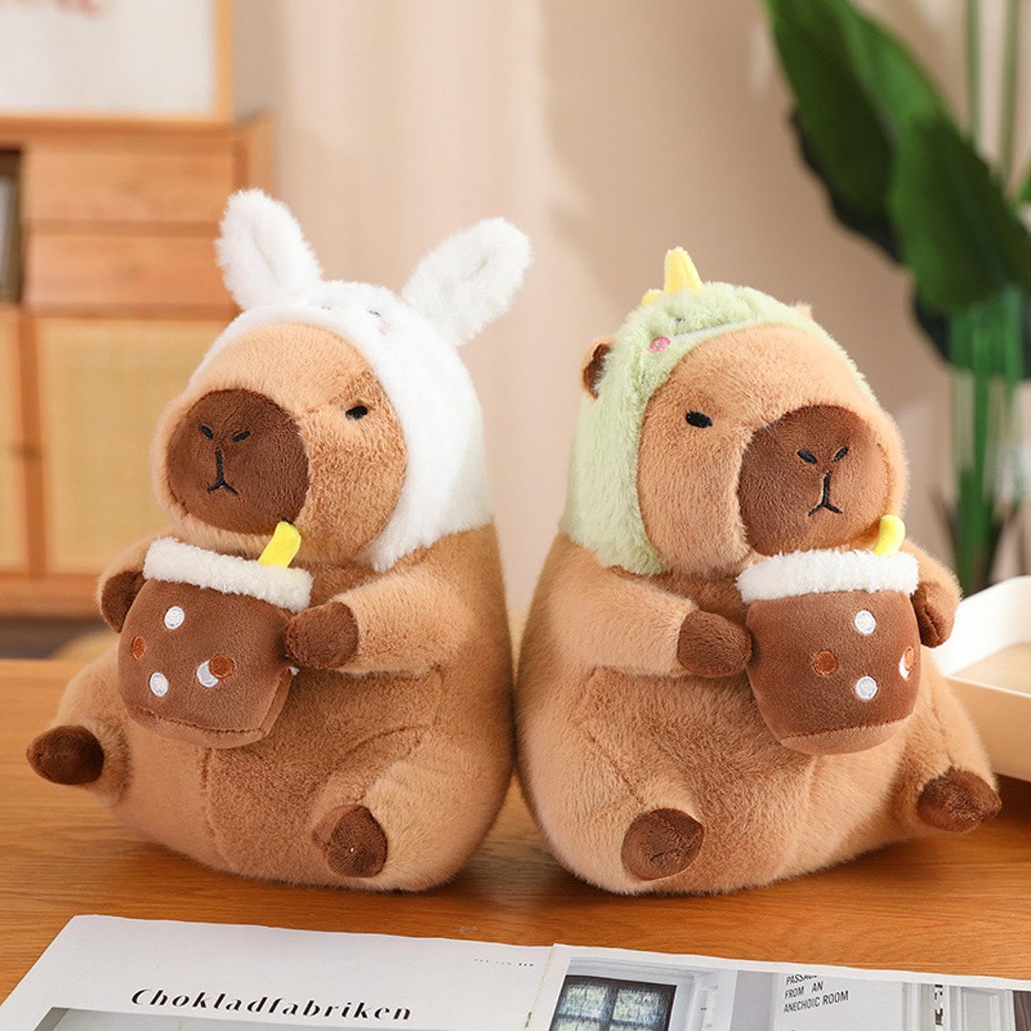 Karoeiwa Dinosaur Capybara Plush Drinking Milk Tea 11 inch Cute Dino Capibara Stuffed Animal Ultra Soft Plushies Toys Kawaii Gifts for Kids Brown