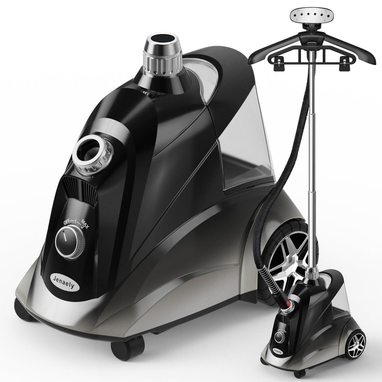 Steamer for Clothes, Jenaely 1500W Standing Garment Steamers, 35s Fast Heat-up, 80 Mins of Continuous Powerful Steam with 2.8L Water Tank, Pants Clip & Children's Clothing Hanger