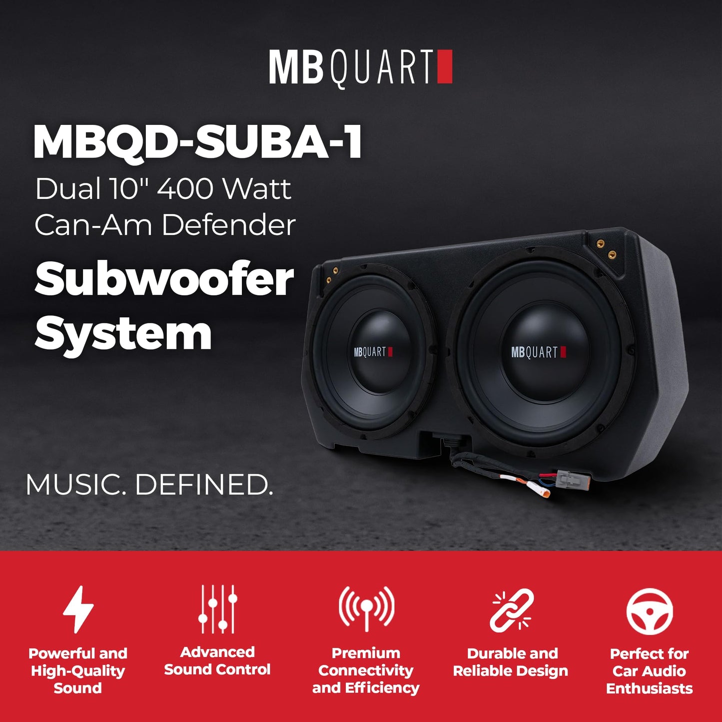 MB Quart Dual 10" Subwoofer System Upgrade for Can Am Defender 17-25, Plug and Play Compatibility, Marine Grade Protection, 400 Watts