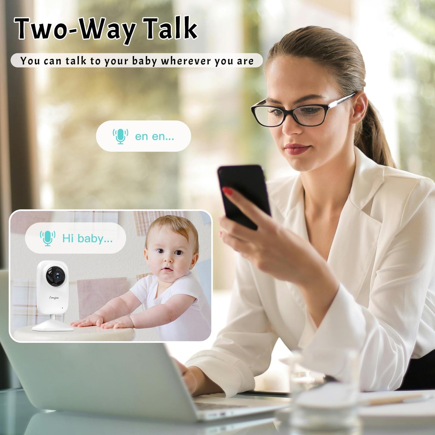 Simyke Video Baby Monitor Add-on Camera Compatible with BME28 Baby Monitor,Night Vision,1200ft Long Range,2 Way Talk,Auto Night Vision,App or Add Display Control,5 Lullabies Feeding Remind,Home Use