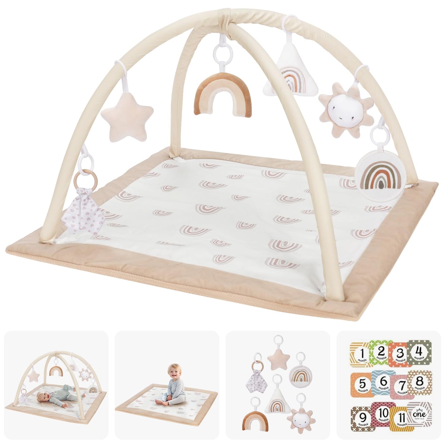 Mallify Washable Tummy Time Mat, Deluxe Baby Play Mat, Baby Play Gym with 6 Featured Toys and 12 Milestone Cards, Baby Gym for Infant & Toddler, Baby Play Mats for Floor, Non Slip Play Mat