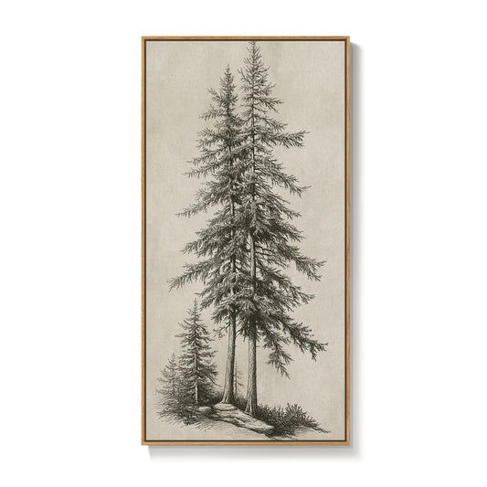 Framed Vertical Vintage Sketch Tree Living Room Wall Art, Large Black Beige Rustic Pine Artwork for Walls, Classic Antique Nature Forest Canvas Painting Print for Office Kitchen Foyer Stair 20x40 Inch