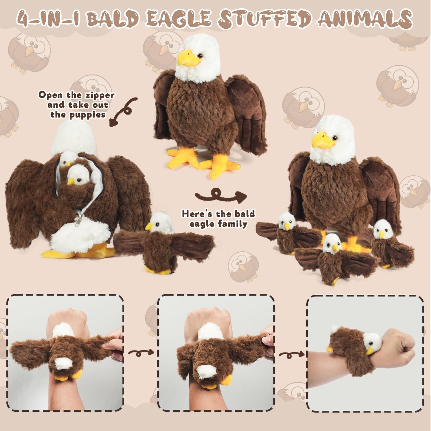 XYHQYB 4 Pcs Bald Eagle Stuffed Animal Plush, Zippered Large Mommy Stuffed Eagle Plush with 3 Baby Bald Eagles Toys, Wild Zoo Animals Gifts for Kids Boys Girls Birthday Easter Stuffers Christmas