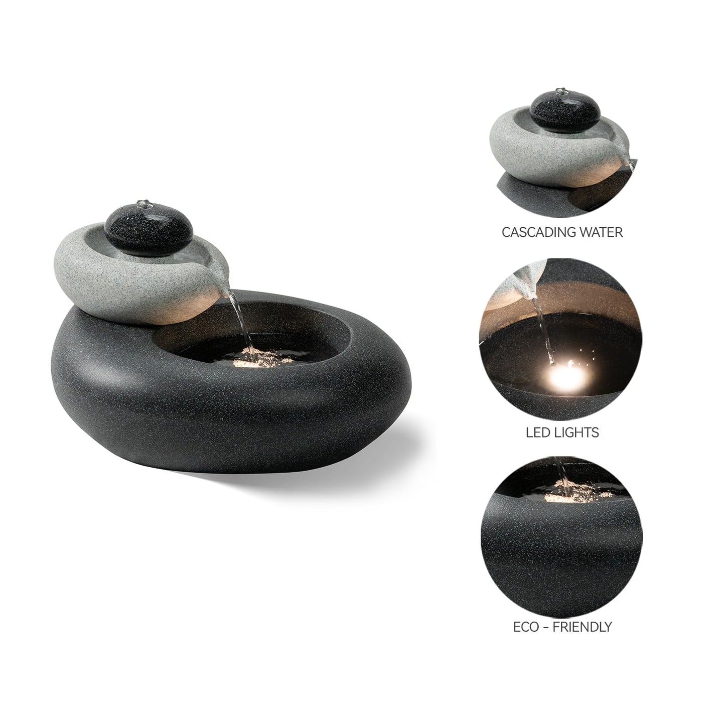 Puulye 13.39" H Outdoor Water Fountain Made with Eco-Friendly Recyclable Materials, Polyethylene Rock Waterfall Outdoor Fountain, Garden Decor with LED Light & Pump for Patio, Backyard (13.39")