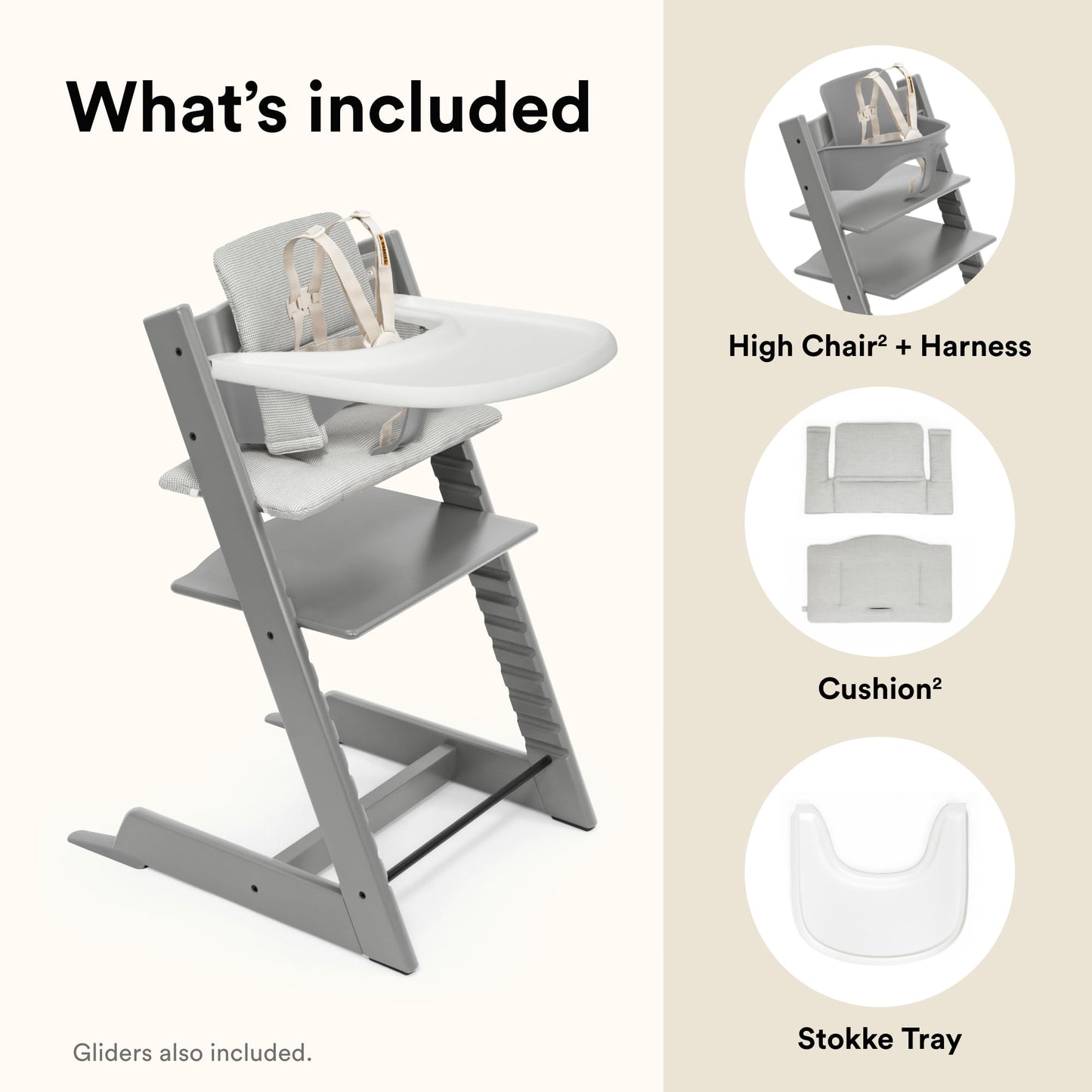 Stokke Tripp Trapp High Chair 2 (Storm Grey), Cushion 2 (Nordic Grey) + Stokke Tray (White) - Includes Chair + Baby Set 2 with Removable Harness for Children 6-36 Months