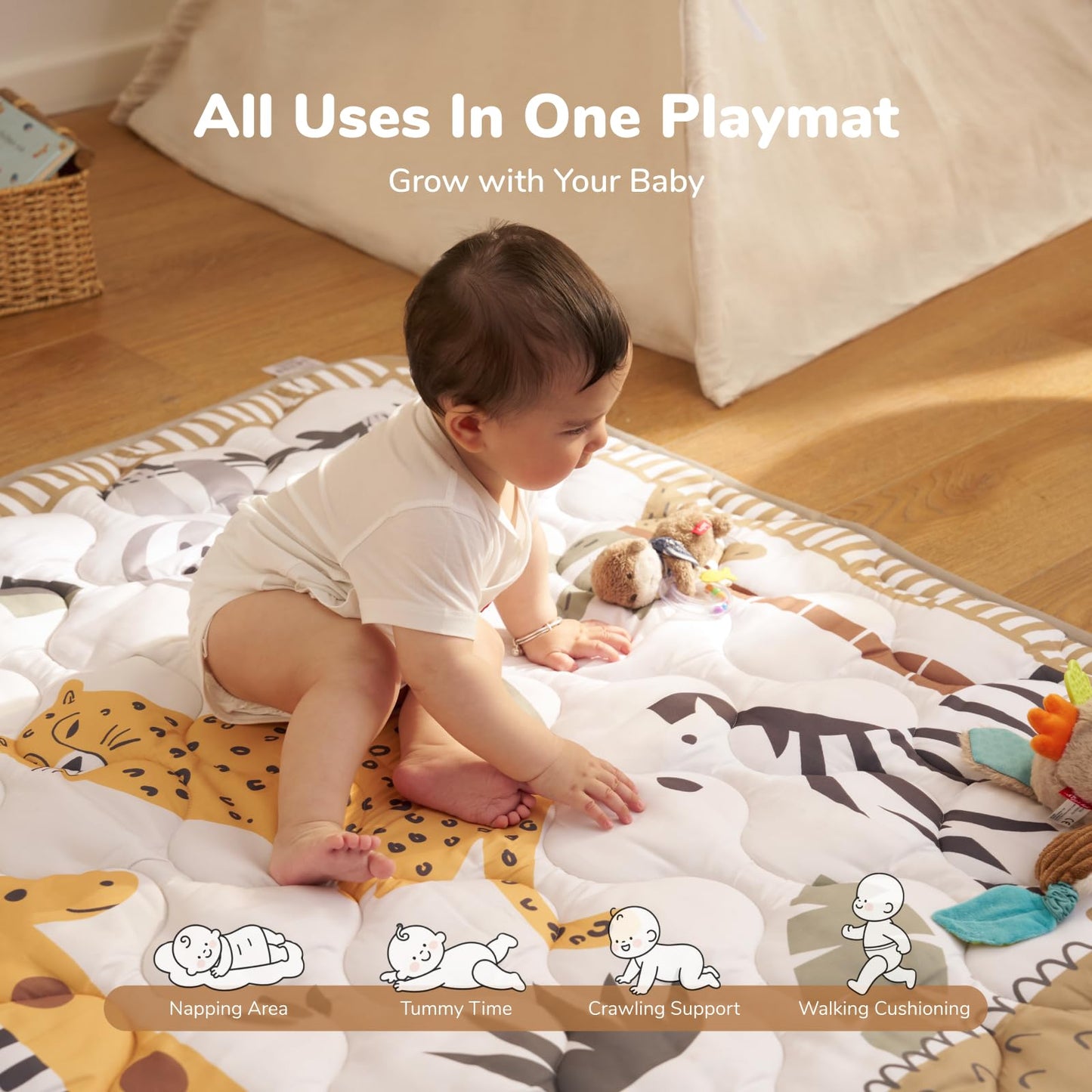 Momcozy Baby Play Mat for Floor, 50x50 Thickened Playpen Mat, Playmate for Baby Tummy Time, Waterproof & Non-Slip, Foldable Outdoor Mat with Carrying Handle, Giraffe