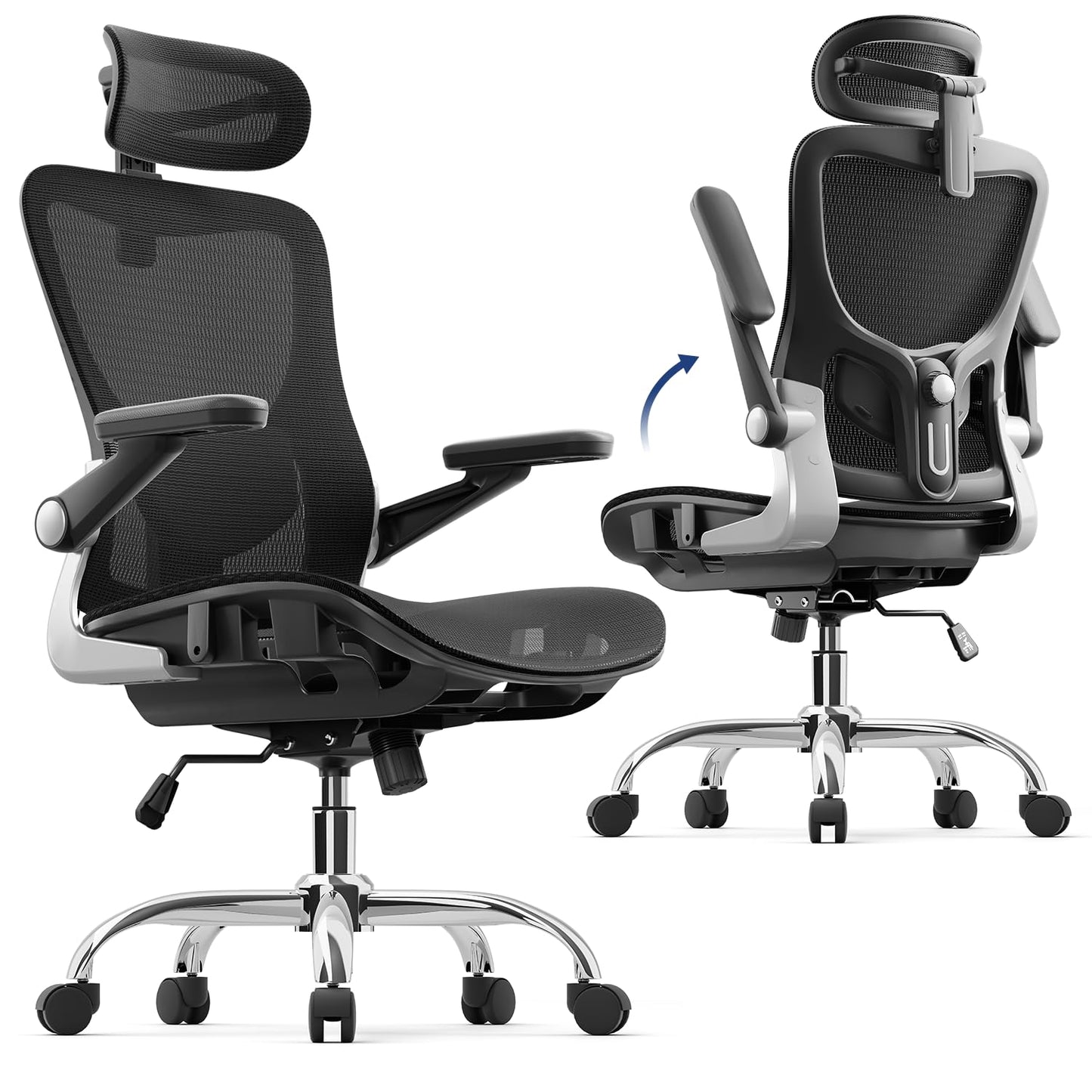 marrap Ergonomic Office Chair, Mesh Seat Cushion with 3D Armrests and 3D Headrest, Adjustable Lumbar Support with 90-120° Rocking Function, SGS Class 4 Gas Clylinder, Black