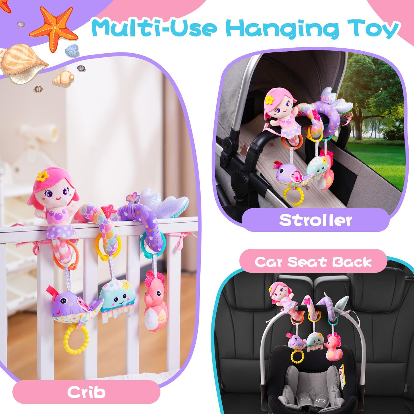 Koty Carseat Toys Hanging, Pink Mermaid Stroller Toys for Babies 0-6 Months, Baby Car Seat Toy with Crinkle, Teether, Music Box, Rattle, BB Squeaker for Babies Boys Girls Gifts (Pink Mermaid)