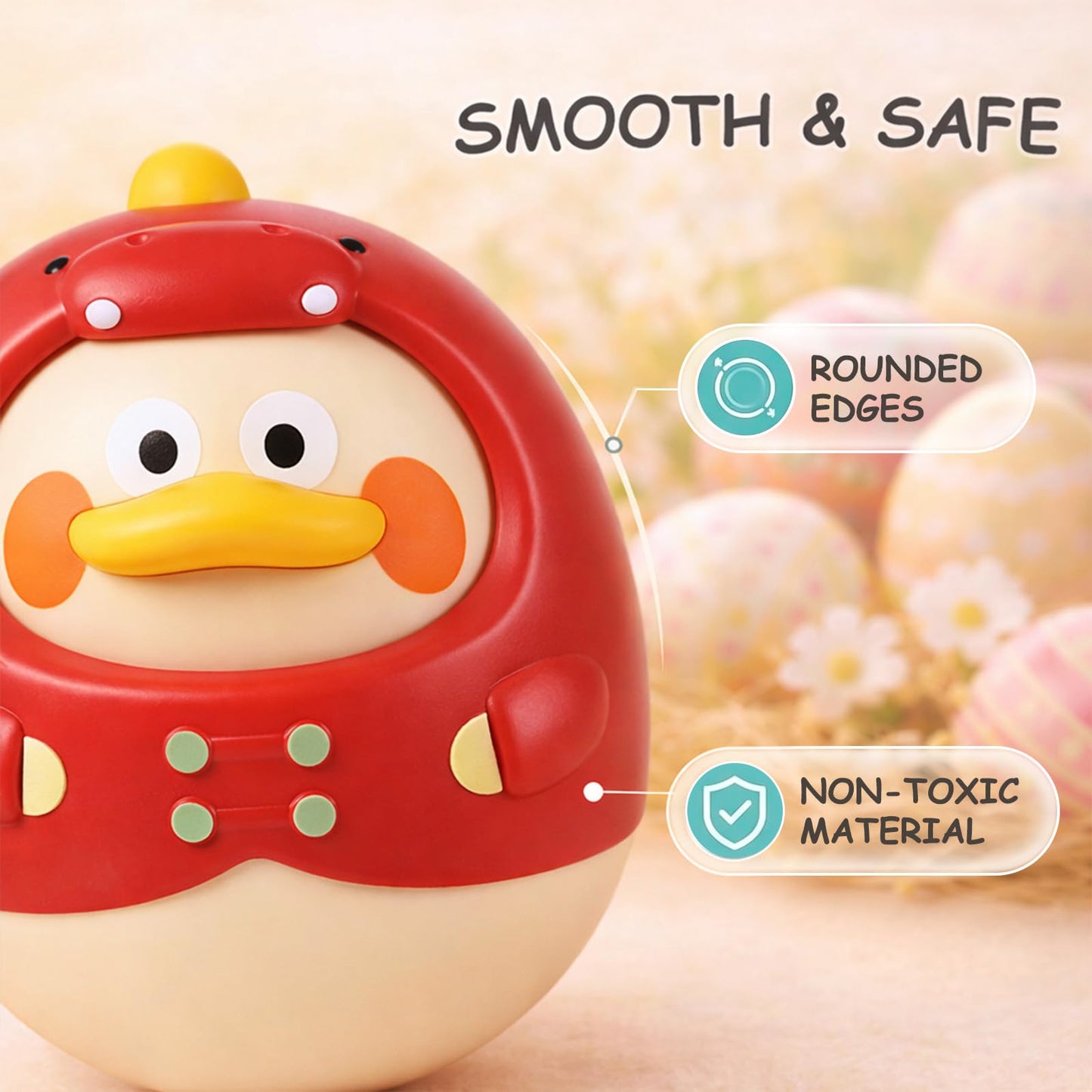 Tinabless Tummy Time Toys, Dinosaur-Duck Roly Poly Baby Toy, Musical Wobbler Toy | Tumbler Wobbler Toy for Newborns 3-12 Month Baby Boys and Girls Easter Basket Gift First Birthday Present (Red)