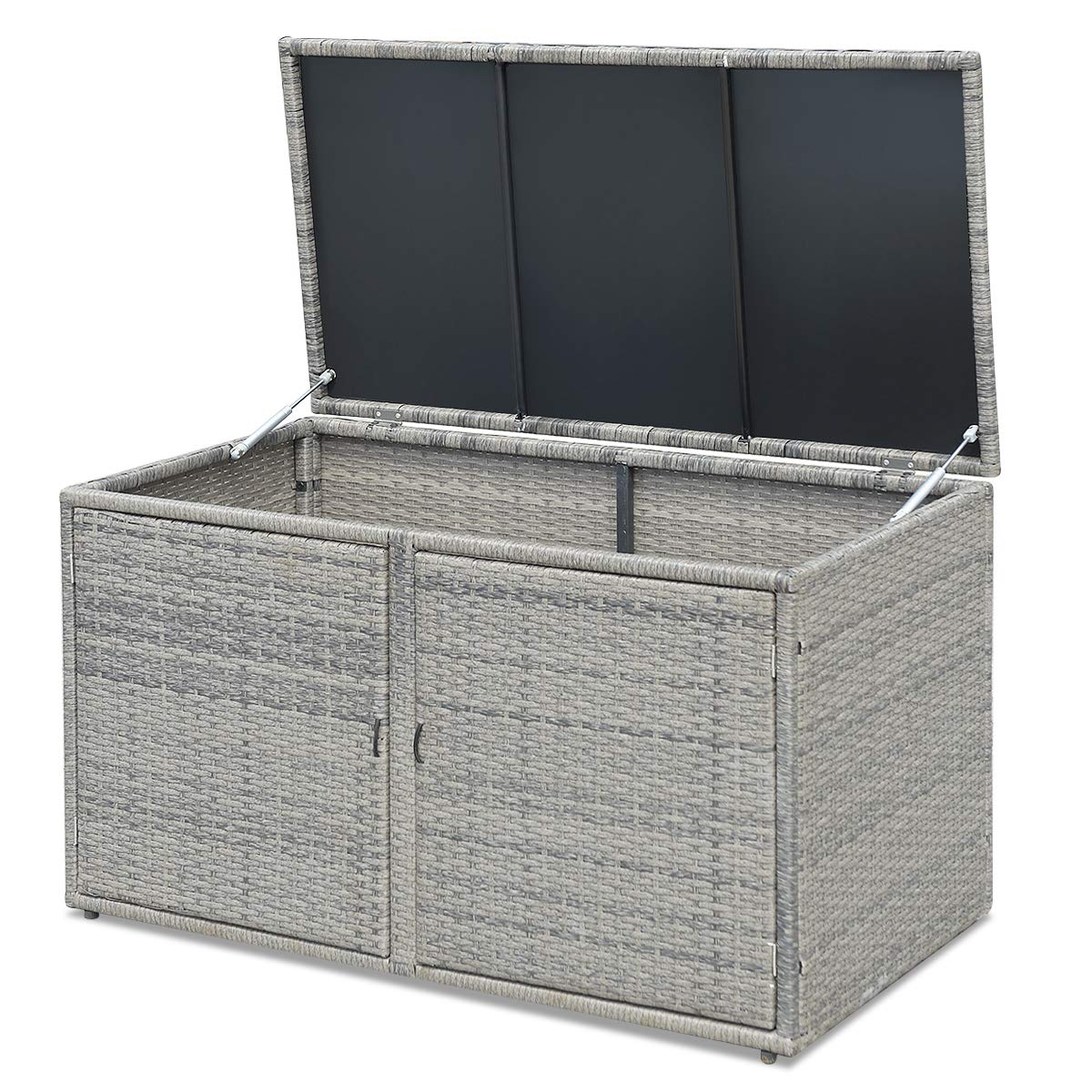 RELAX4LIFE PE Wicker Storage Box - Outdoor 88 Gallon 2-Tier Deck Box for Patio Furniture Toys Storage w/Lid & Front Doors, All Weather Rattan Storage Bin for Backyard Garden Poolside Porch (Grey)