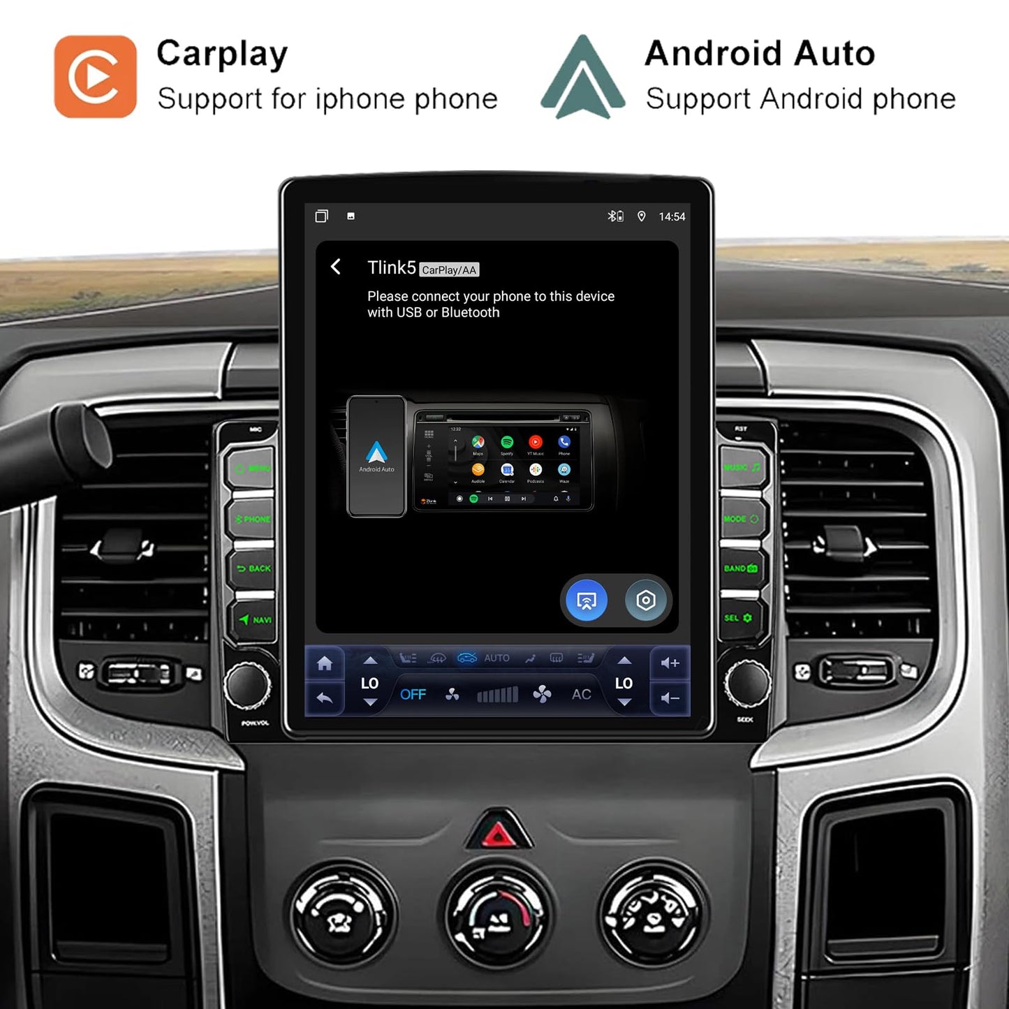Android 14 Car Stereo Radio for Dodge Ram 1500 2500 3500 2013-2019 Built-in Carplay/Android Auto 9.7 inch Head Unit Tesla Style IPS Touch Screen with DSP Bluetooth GPS, FM WiFi, Manual AC Only