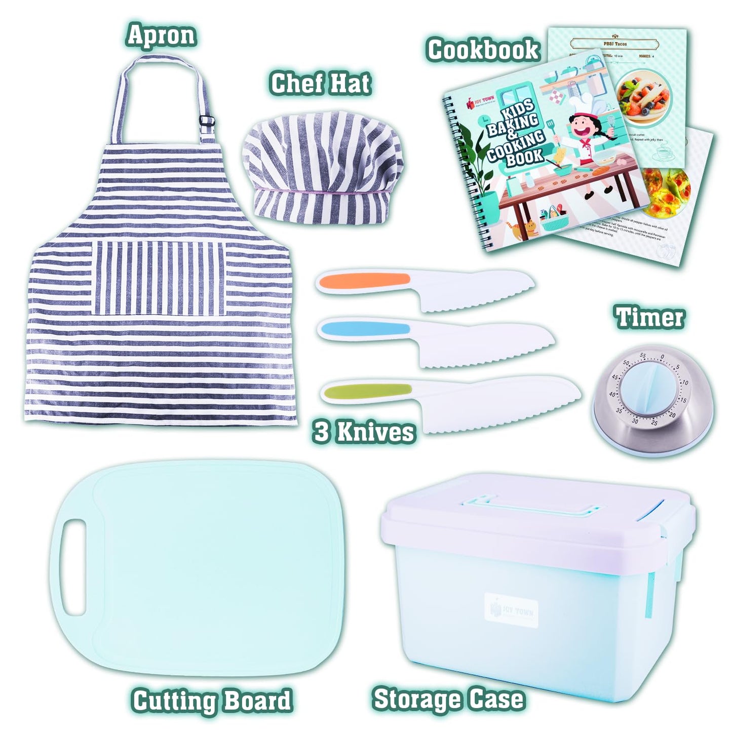 JoyTown Kids Cooking and Baking Set with Storage Case – Real Cooking Supplies with Cookbook, Knives, Timer, Kids Baking Kit for Girls & Boys – Complete Utensils Accessories with Chef Apron & Hat