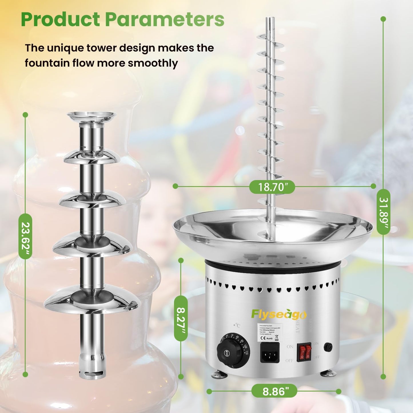 Flyseago Commercial Chocolate Fountain 5 Tiers 13.2 Lbs Nacho Cheese Fountain Stainless Steel Hot Fondue Fountain Machine for Bakery, Party, Gathering, Wedding, Rental, Knob Control