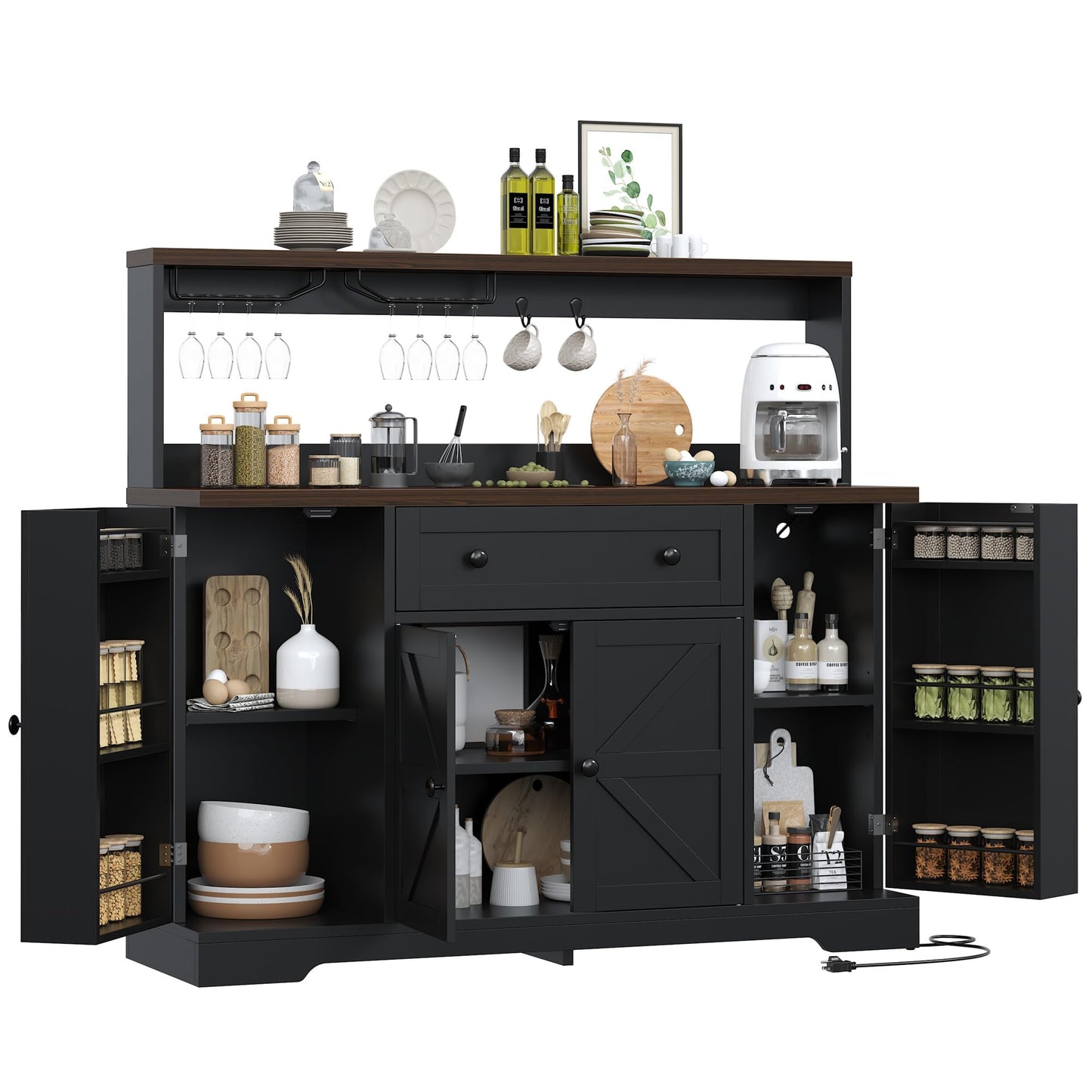 VVFLU Hutch Storage Buffet Cabinet with Drawers, and Charging Station, Coffee Bar Cabinet with Barn Doors, Wine Rack and Hooks, White Wood Sideboard Buffet for Kitchen, Dining Room, 47.8" High