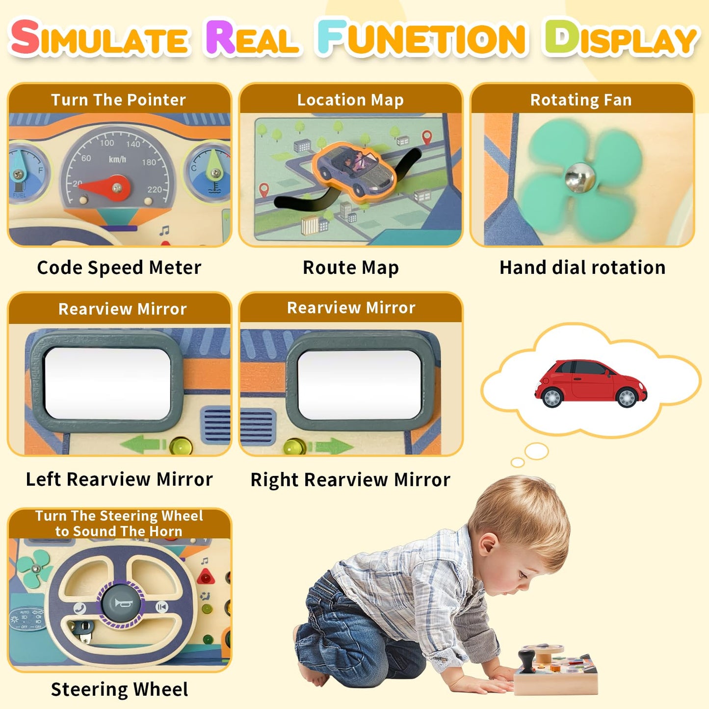 ZJEFUNS Montessori Toddler Toys Busy Board with Led Light Interactive Wooden Dashboard Steering Wheel for 1 2 3 4 Year Old Sensory Toys Toddler Activities for Boys Girls Gift