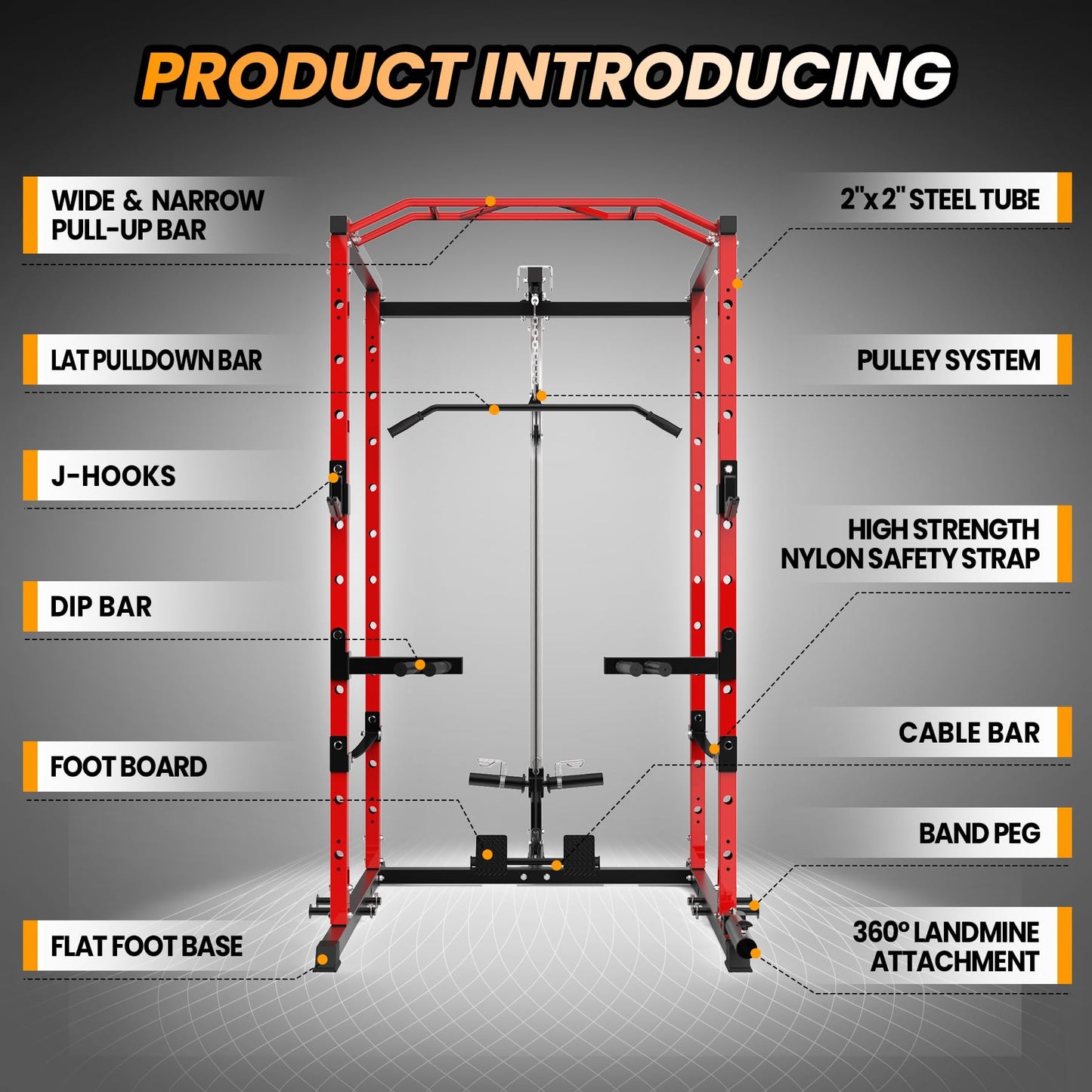 Power Cage with LAT Pulldown Machine - Squat Rack for Home Gym, Multi-Functional Weight Cage with Cable Pulley System, Dip Bars & Landmine Attachment