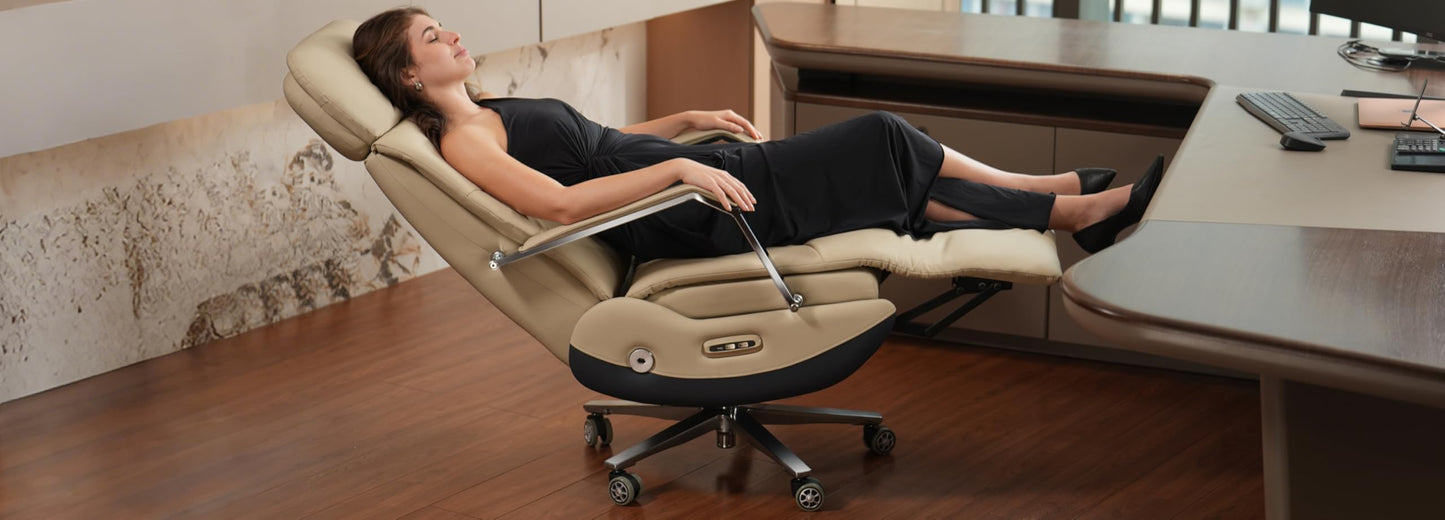 Kinnls Carlo Ergonomic Power Recliner Chair for Long Hours, Leather Electric Luxury Office & Home Desk Chair with Back Heating and Ventilation, 3-Speed Cooling, 400Lbs Capacity (Light Coffee)