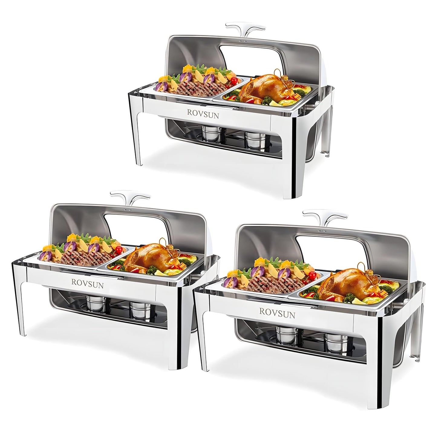ROVSUN 3 Pack Roll Top Chafing Dish Buffet Set,9 Quart Rectangular NSF Stainless Steel Chafer for Catering,Buffet Servers and Warmers Set with Glass Window for Wedding, Party, Banquet, 2 Half Size