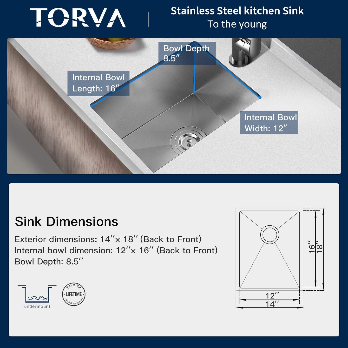 TORVA 14 x 18 Inch Undermount Kitchen Sink, Premium 304 Stainless Steel Bar Sink - 9 Inches Deep Basin Single Bowl Sink