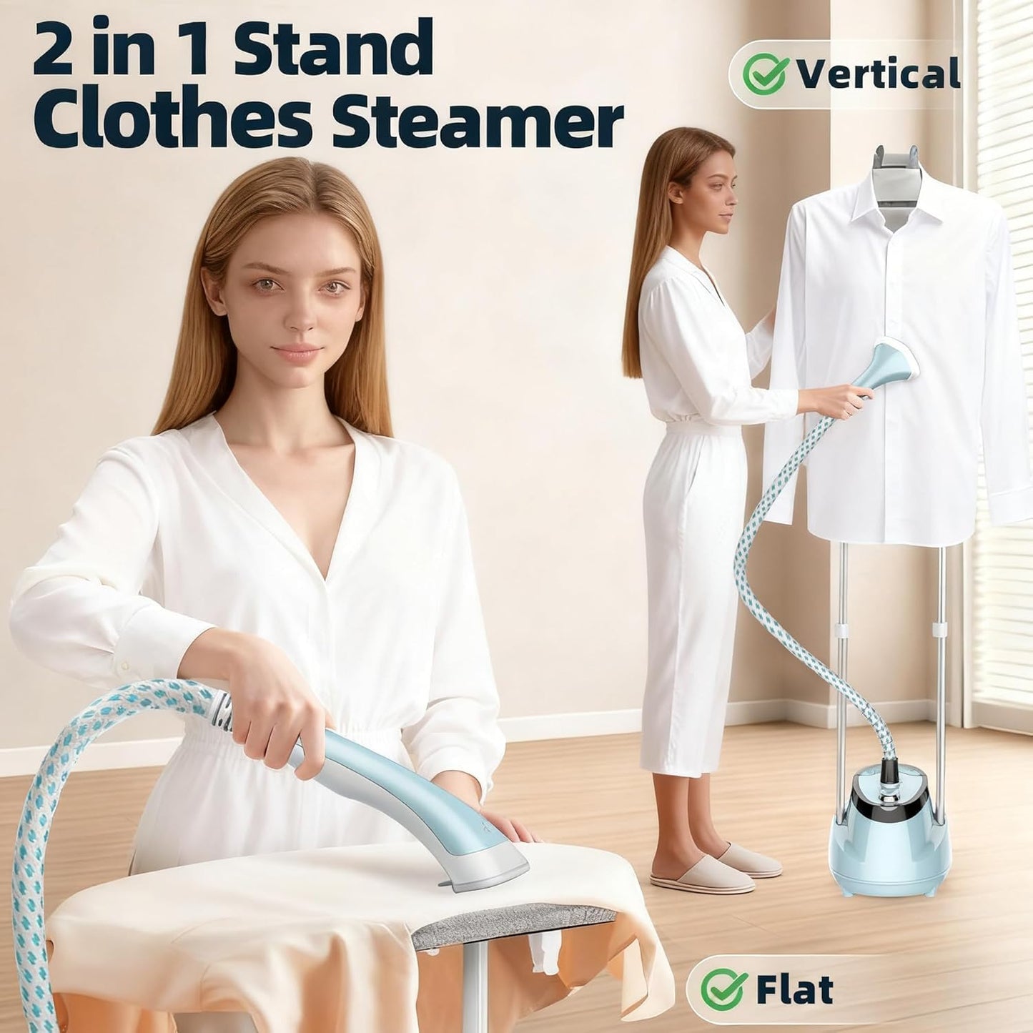 Upright Steamer for Clothes 1350W Turbo Boiler Standing Garment Steamer 1.6L Water Tank 1h Continuous Steam Flat&Hanging Ironing Double Retractable Rod 10 Modes 30s Fast Preheat for all Fabrics