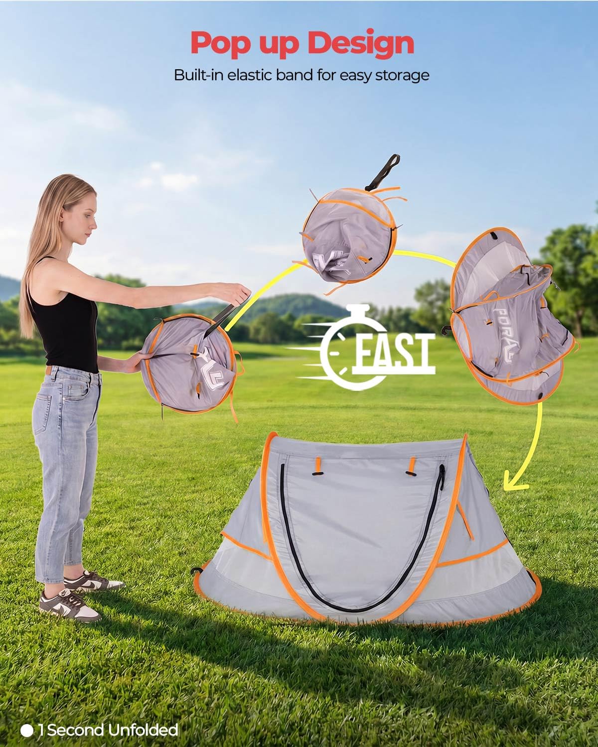 Poray Portable Baby Beach Tent with UPF 50+ Sun Shelter,Mosquito Net and Sunshade, Ideal Pop Up Kids Travel Tent with Carry Bag & 2 Stakes,Outdoor Indoor Play and Sun Protection