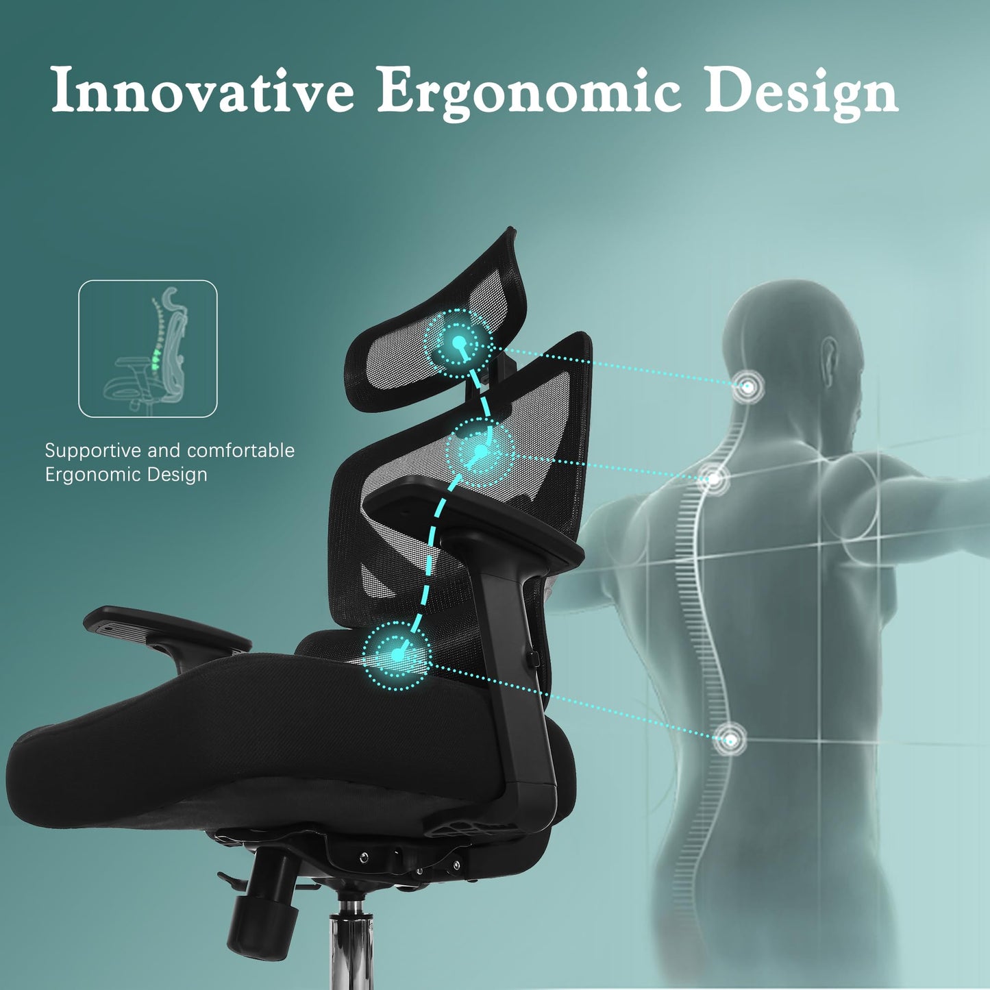 VECELO High Back Ergonomic Office Chair, Big and Tall Mesh Desk Chair with Wheels, Tilt Function, 3D Headrest, Lumbar Support, Swivel Rolling Computer Chair for Task, Home Office, Black