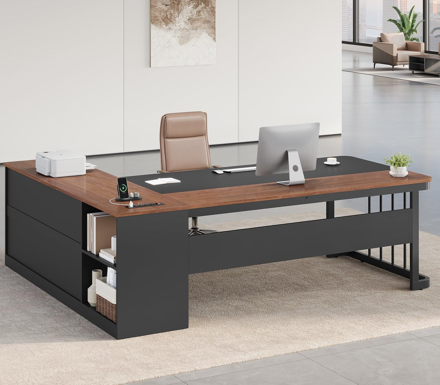 UPOSOJA 71" Executive Desk, Large Office Desk with Drawers & Storage Shelves, Modern L Shaped Computer Desk Corner Desk with Power Outlets, File Cabinet, Business Furniture Desk Workstation (Walnut)