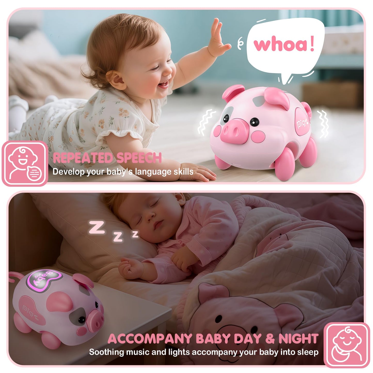 Baby Musical Toy for 6-12-18 Months, Musical Piggy Toy for Toddler 1 Year old Baby Girl, Infant Crawling Light Music Toys for Tummy Time Development, 1st Birthday Gift for Boy 7 8 9 10+ Month