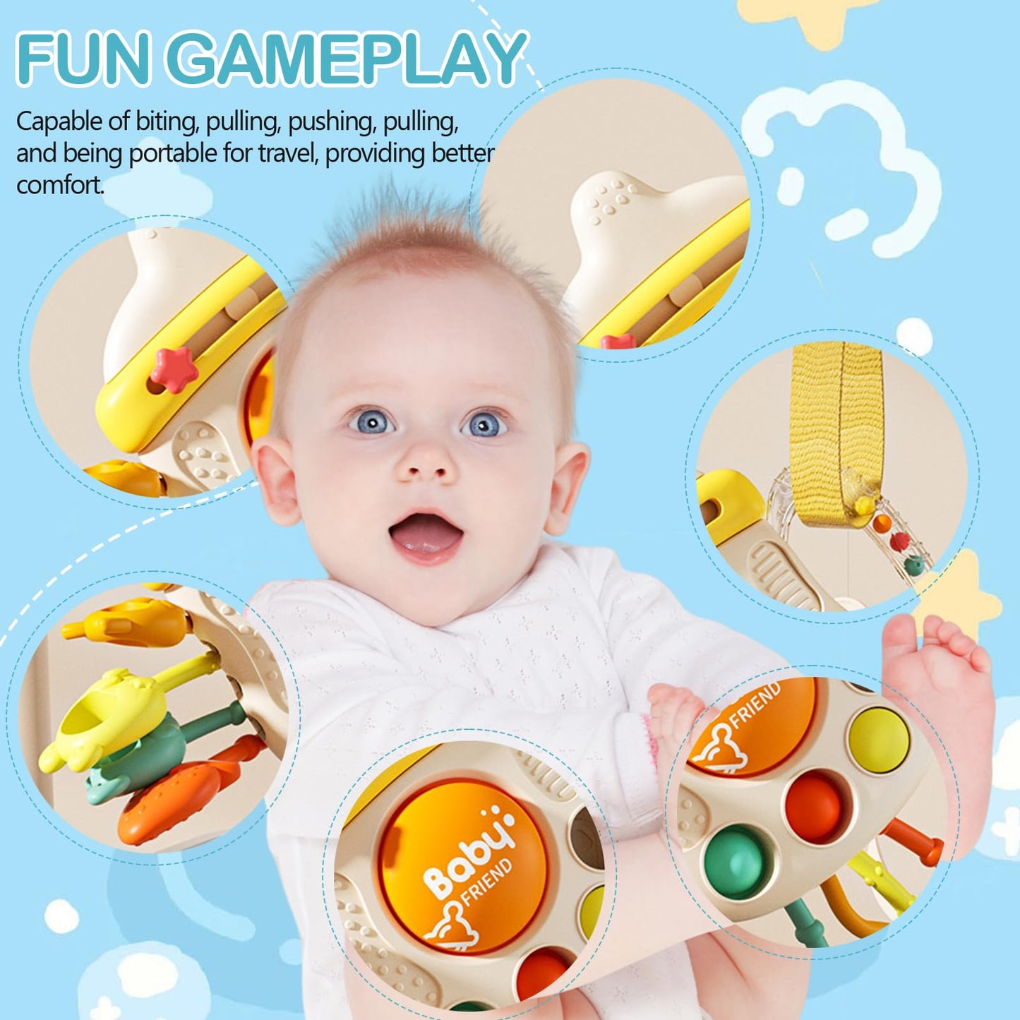 XXEDSPTY Montessori Baby Sensory Toys for 6-12 Months, Silicone Pull String Teething Toy, Infant Fidget Travel Toys, Airplane Travel Essentials, Newborn Baby Christmas & Birthday Gift for Babies