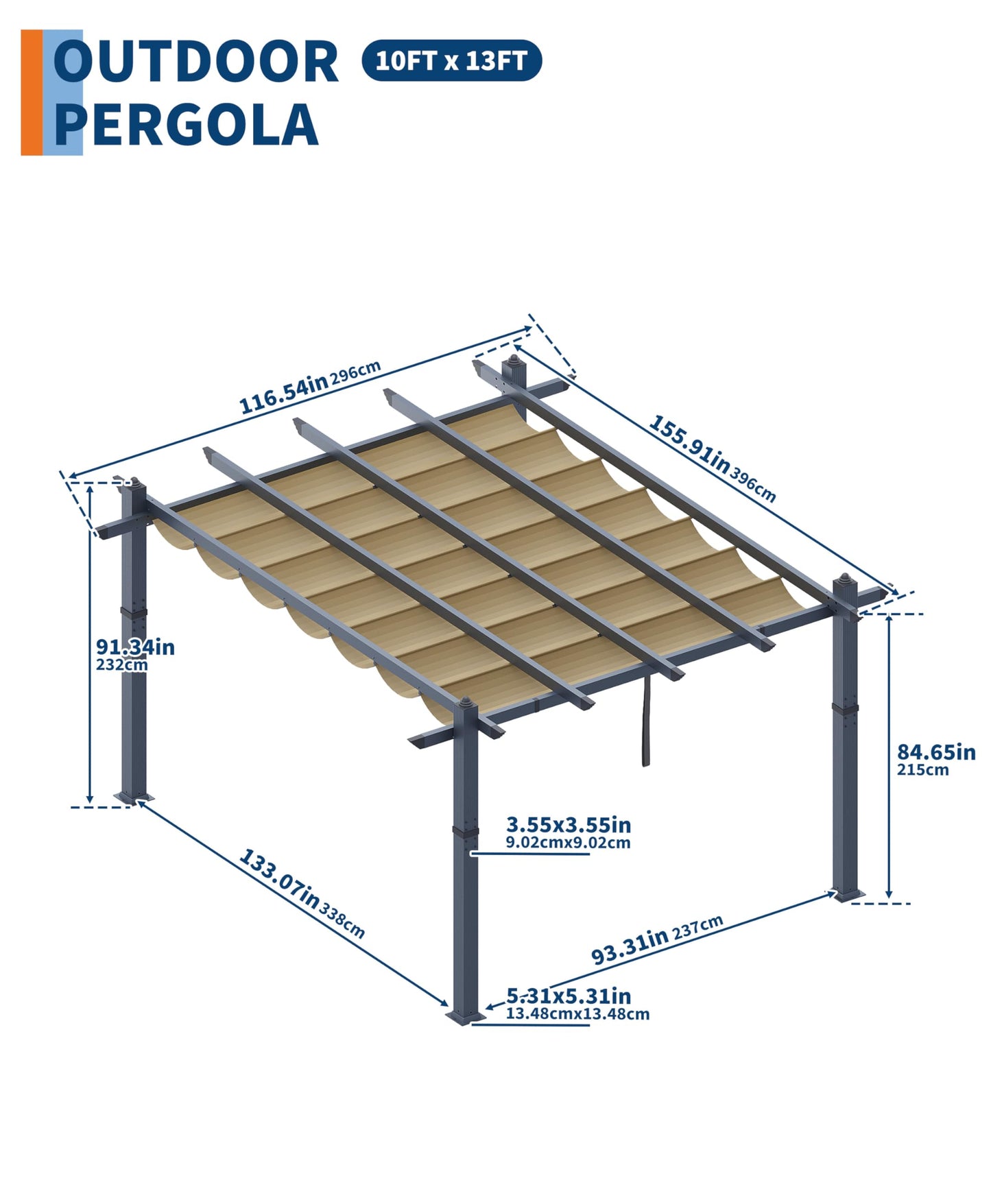 GarveeLife 10x13 ft Aluminum Pergola with Adjustable Canopy Sun Shade, Outdoor Metal Pergola Reinforced Frame Shelter for Patio, Backyard, Garden, and Deck - Khaki