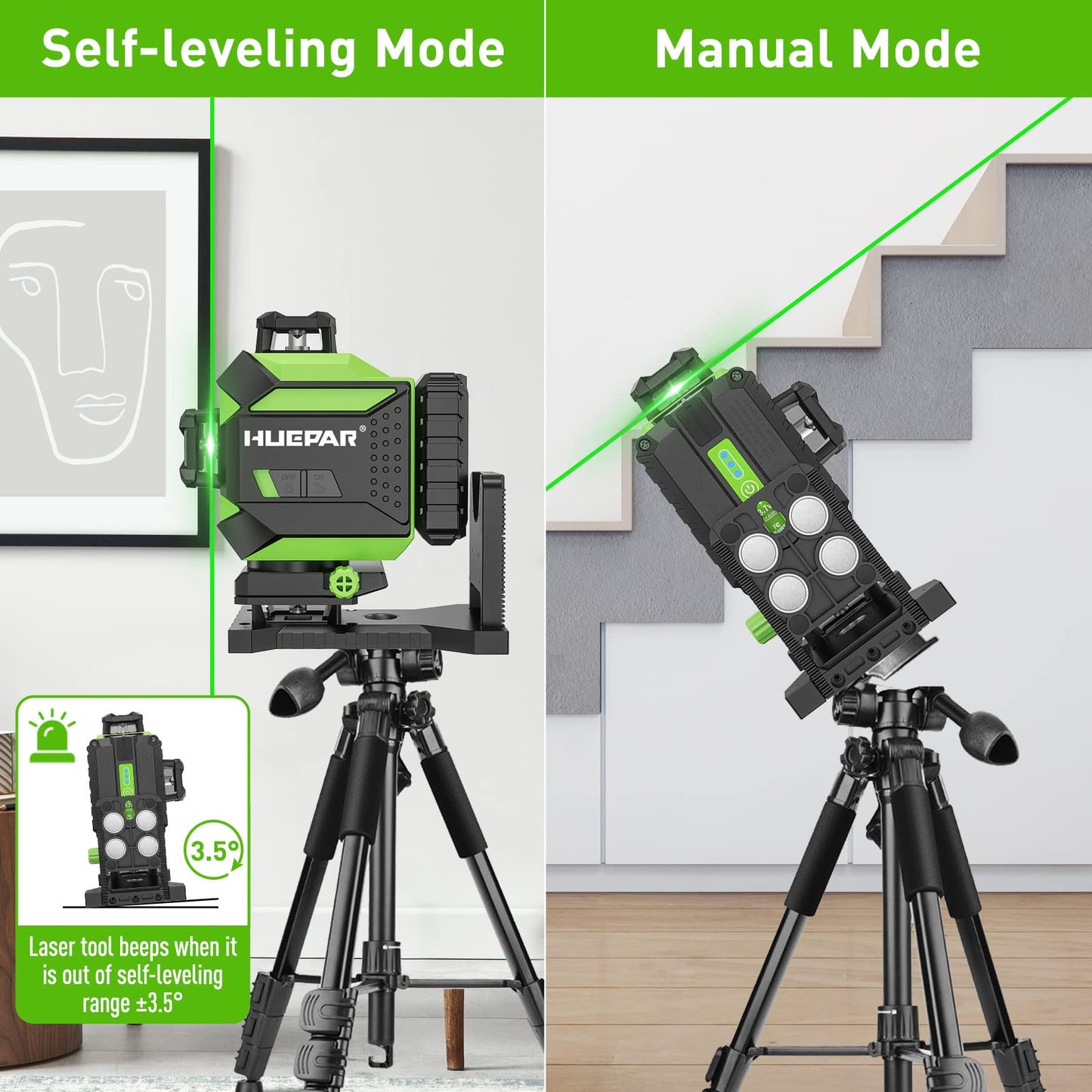 Huepar 4x360 Laser Level Self-leveling 4D Green Beam Cross Line 16 Lines Tiling Floor Laser Tool -2x360 Horizontal/Vertical Laser Lines -rechargeable Li-ion Battery & Integrated Magnetic Bracket 704CG