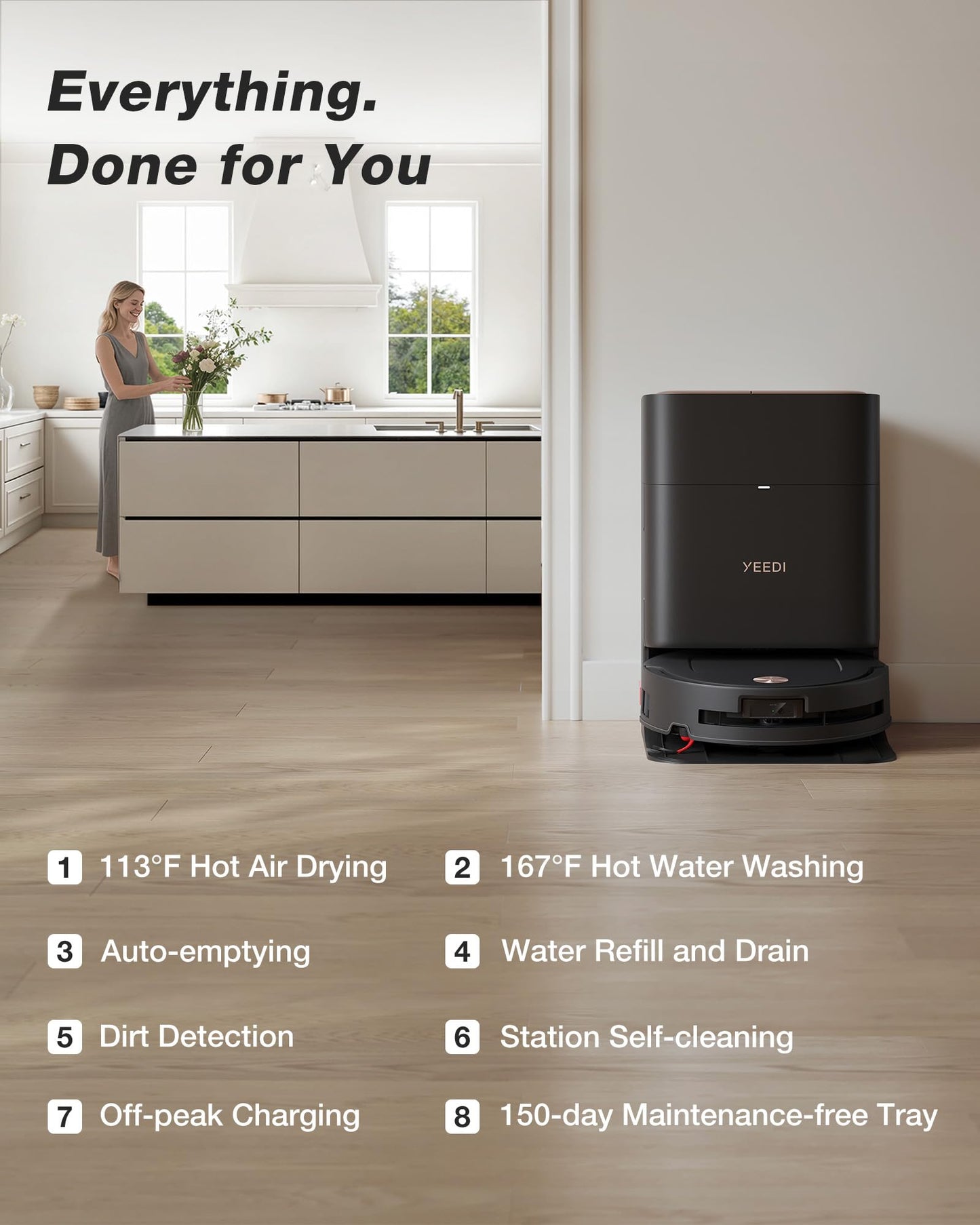 Yeedi M14 Plus Robot Vacuum and Mop, 18,000Pa Suction, OZMO Roller Instant Self-Washing Mopping, 167℉ Smart Dynamic Hot Wash & Auto-Dry, ZeroTangle 3.0 Anti-Hair Brush, All-in-One Omni Station, Black