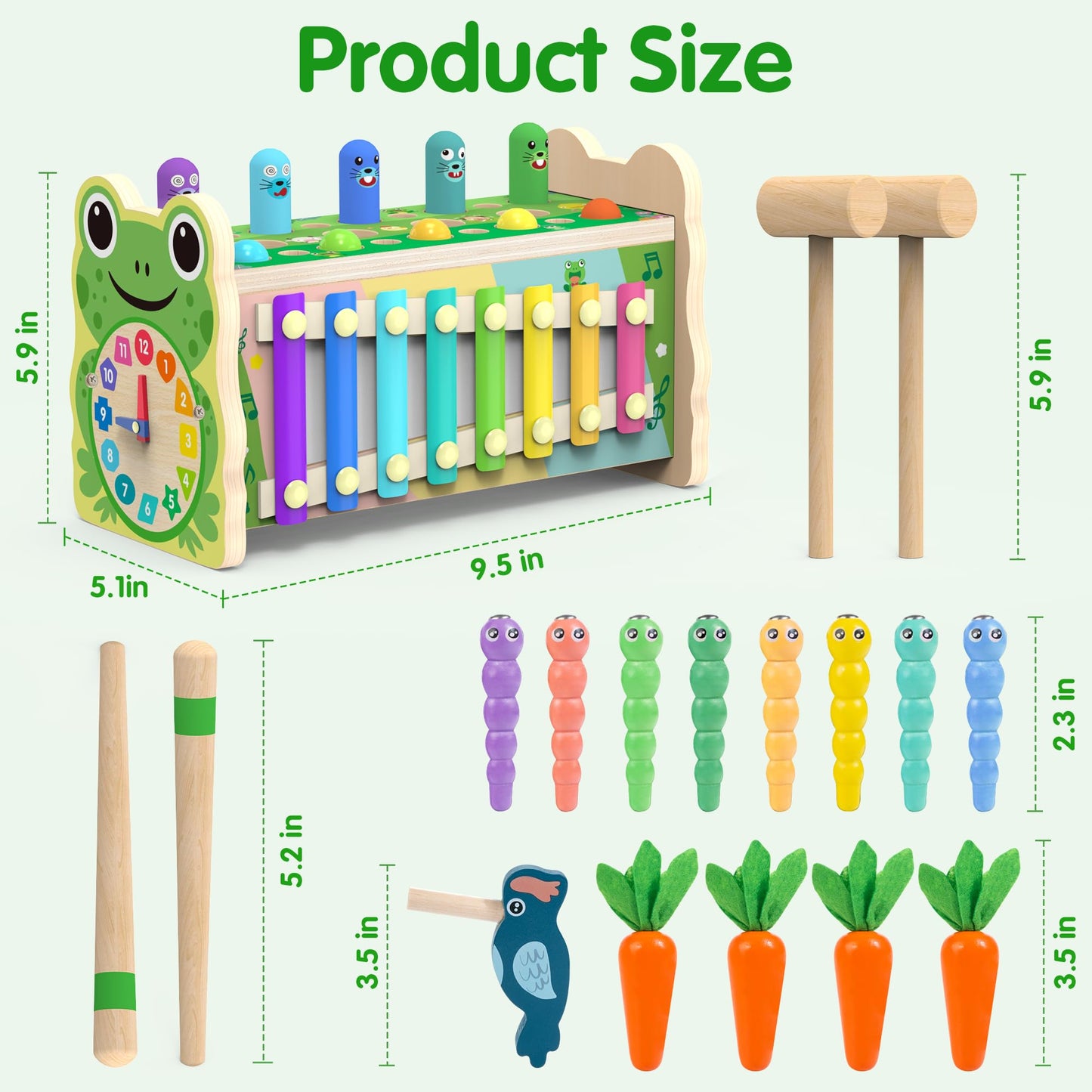 Amtreen 6-IN-1 Wooden Montessori Toys for 1 Year Old, Mole-Tapping Game | Play the Xylophone | Frog Clock | Carrot Harvest Game | Spinning Gear, Toddler Toys Aged 1-4, Baby Toy Gift for Early Learning