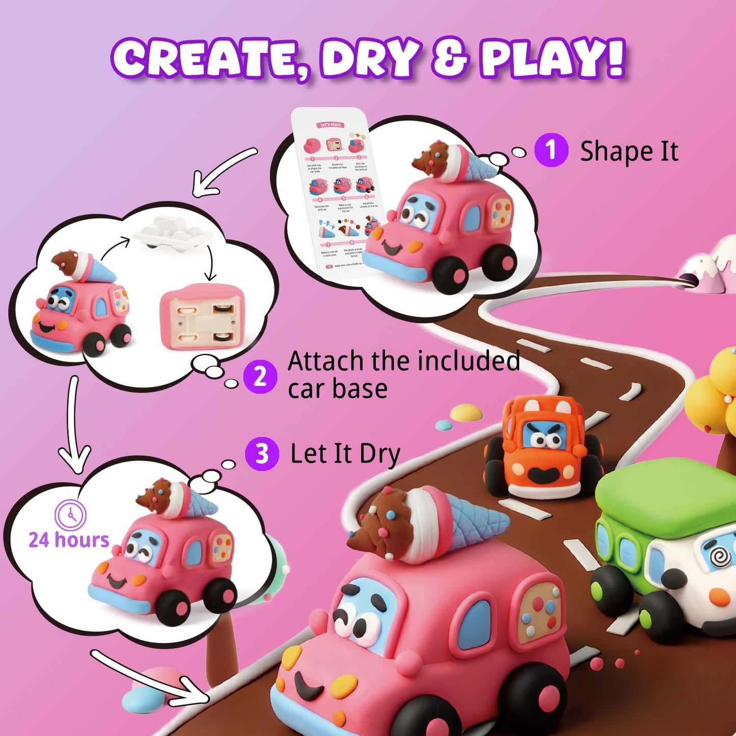 Air Dry Clay Kit for Kids - Pull Back Car Making, 3 Boxes Modeling Clay with Sculpting Tools, Base, Backing Board, Tutorial, Ultra Light & Soft, Non-Toxic & Safe, Creative DIY Arts and Crafts Toys