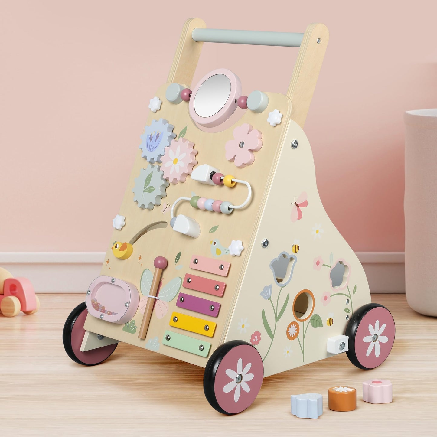 Pithfor Wooden Baby Walker, Baby Push Walker, Push Walker Toys for Babies Learning to Walk & Sit-to-Stand, with Montessori Sensory Toy & Activity Center for Girls Boys