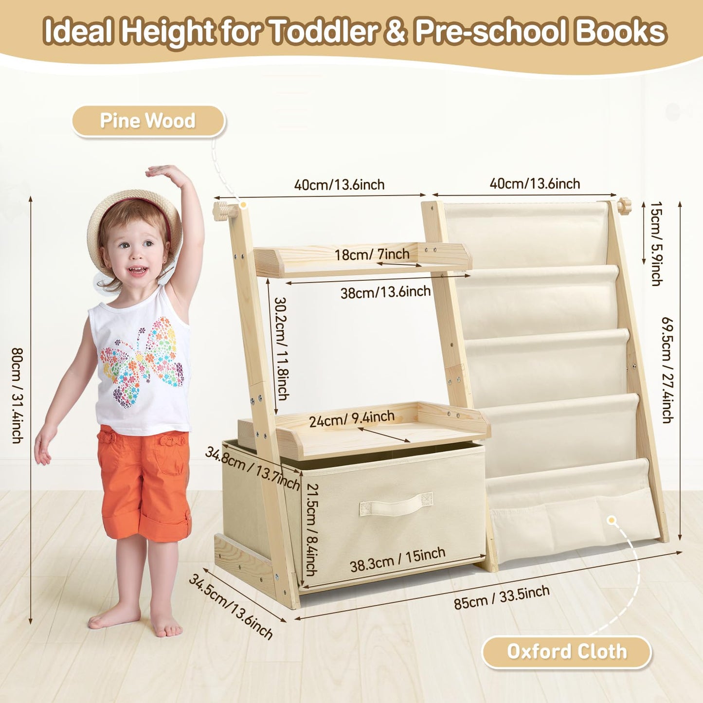 wooshwa Kids Bookshelf and Toy Organizer 2 in 1,Book Shelf for Kids Rooms with Movable Toy Bin,4 Tier Toddler Sling Book Rack for Nursery Bedroom Playroom (Beige)