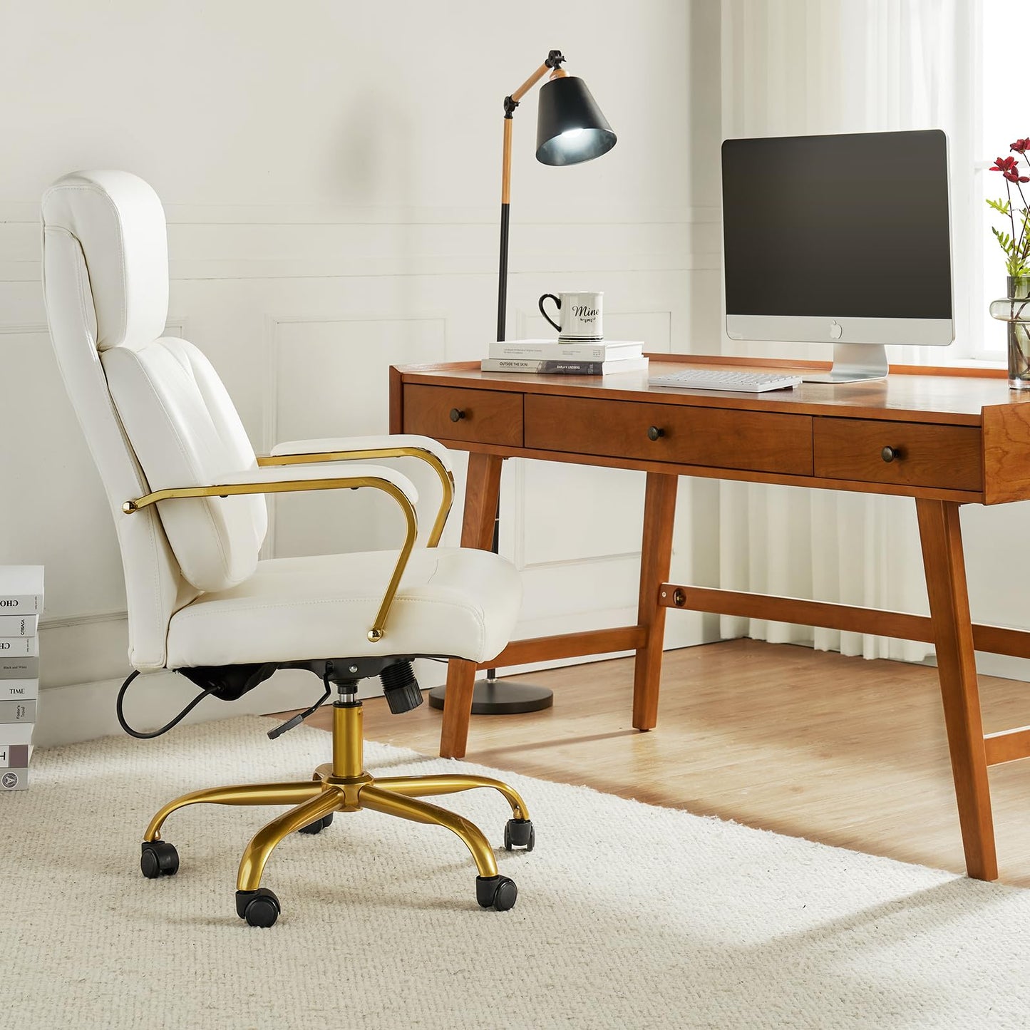 HULALA HOME Executive Office Chair with Adjustable Lumbar Support, Leather Ergonomic Office Chair with Padded Armrests, Tilt and High Back, White and Gold