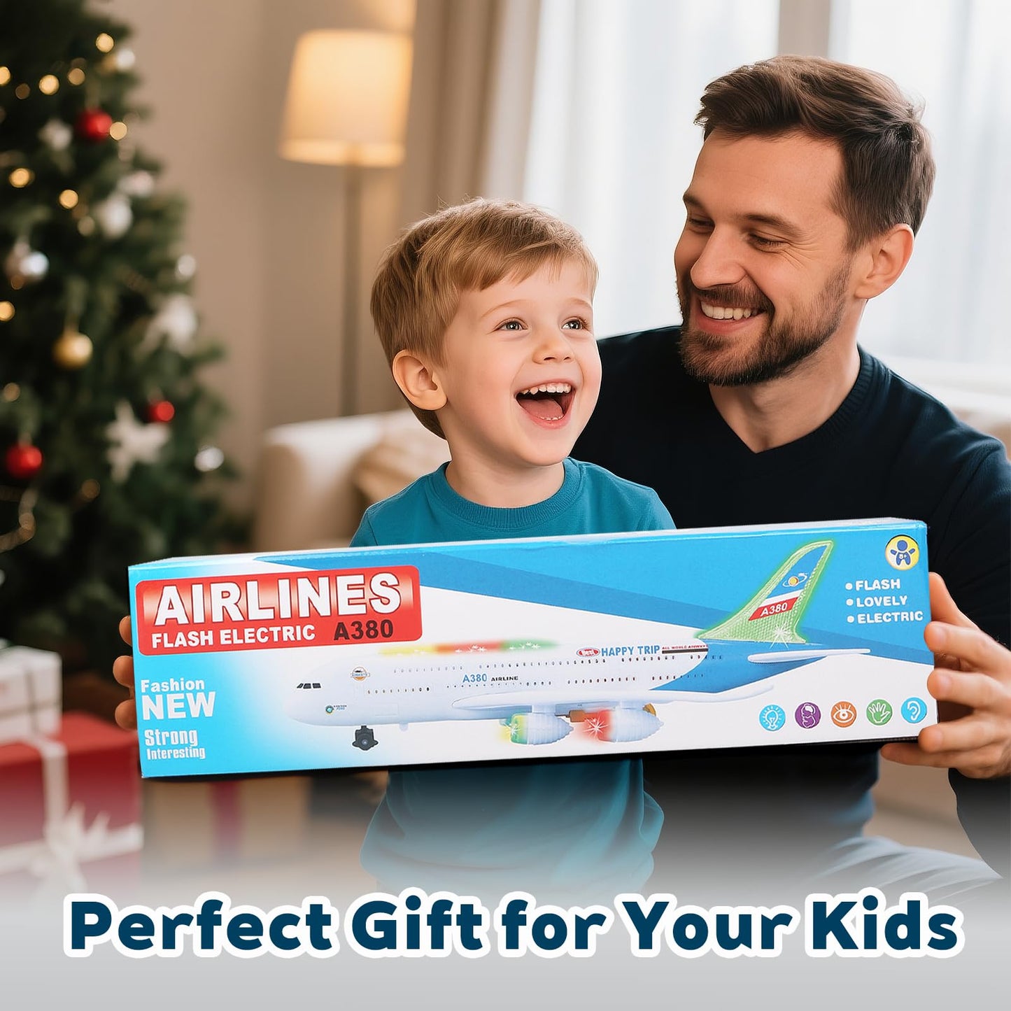 AtomDream Tech Bump and Go Airplane Toy with 4D Lights & Sounds, Realistic Moving Plane with Automatic Direction Change, Interactive Aircraft Toy for Boys & Girls Ages 3–12, (Red)