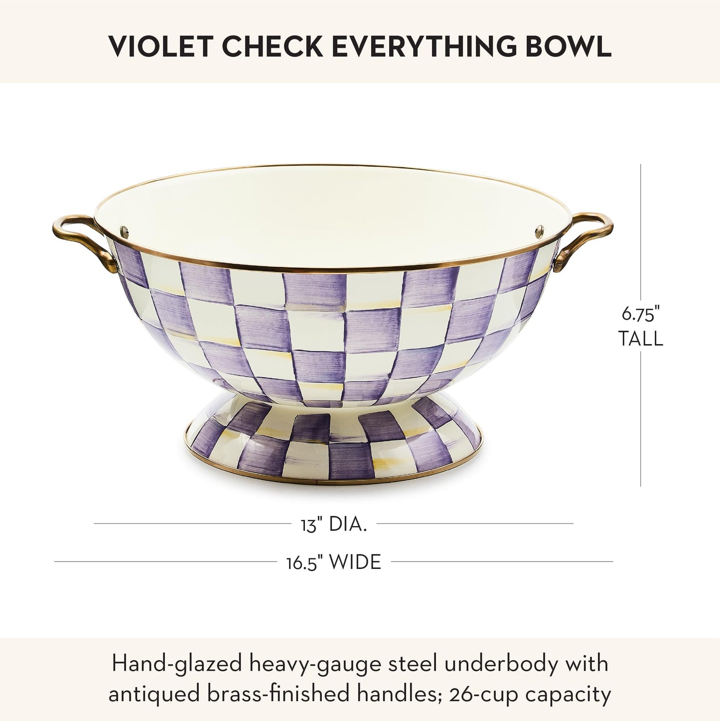 MACKENZIE-CHILDS Enamel Everything Bowl, Serving Bowl for Entertaining, 26-Cup Capacity, Purple-and-White Violet Check