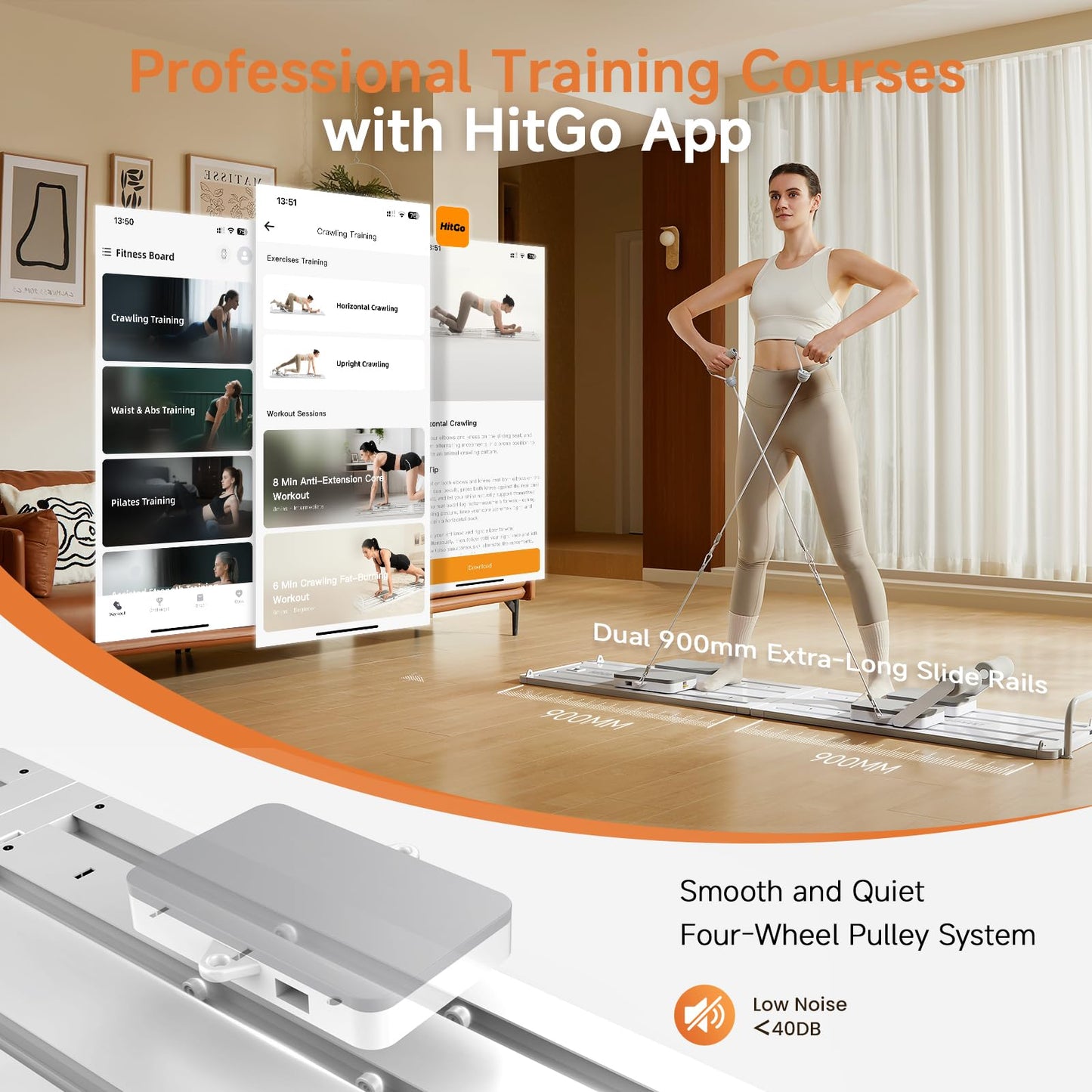 HitGo Pilates Crawling Machine,Portable Foldable Reformer Board, All-in-One Pilates Equipment for Home Workout,Core Strength&Full Body Exercise Kit with Exclusive APP for Small Space Max 265lbs,White