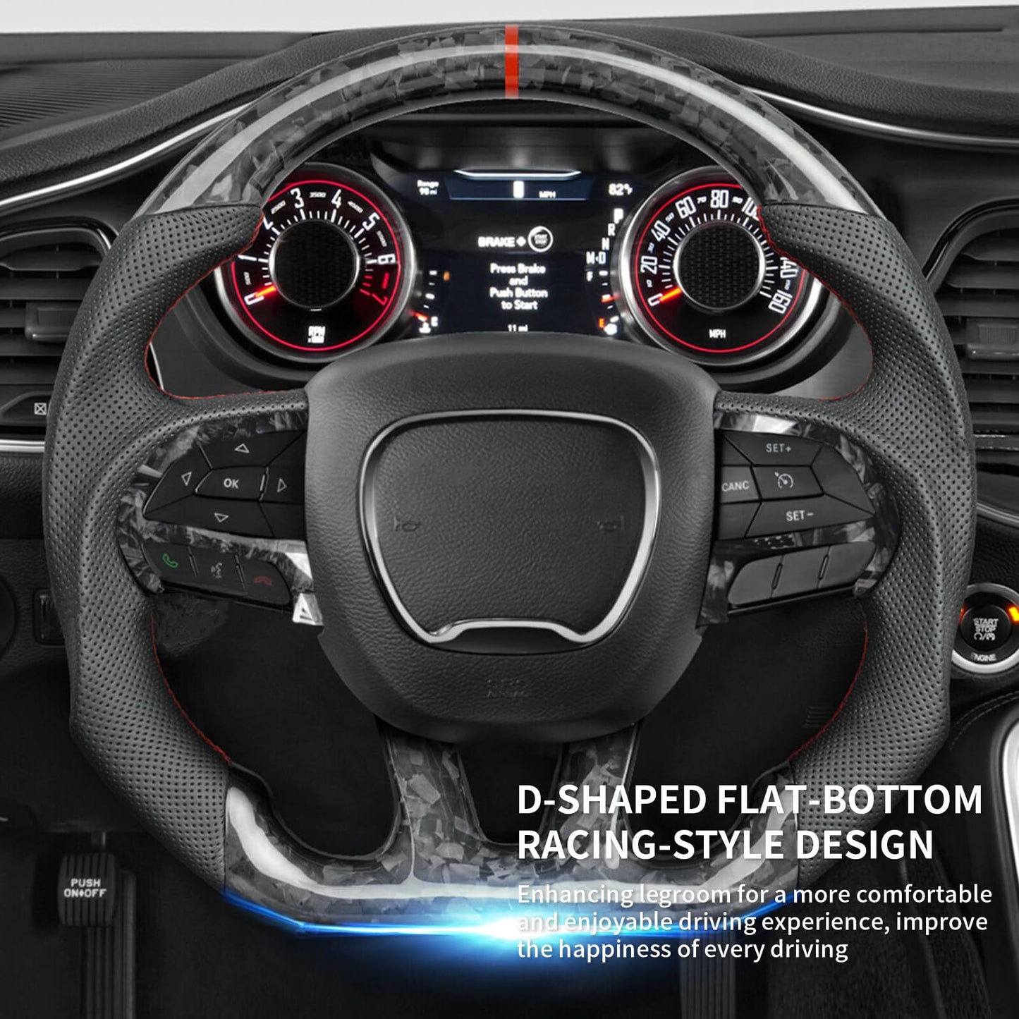 EASSAFEX Forged Carbon Fiber Steering Wheel for Dodge Charger/Challenger/Durango/Jeep Grand Cherokee/SXT/GT/RT/SRT/Heallcat 2015-2020, D-shaped Flat-bottom Perforated Leather Grip with Trim