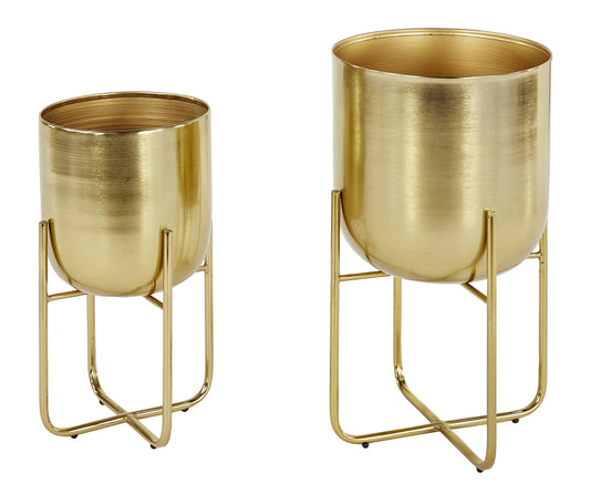 Deco 79 Metal Indoor Outdoor Planter Brushed Dome Large Planter Pot with Curved X-Shaped Bases, Set of 2 Planters 16", 13"H, Gold