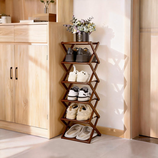 Fengzhizhu Bamboo Shoe Rack for Entryway, 6 Tier Vertical Shoe Rack Freestanding Shelf Foldable Storage Shoe Organizer for Living Room, Bedroom, Small Space, Walnut Color