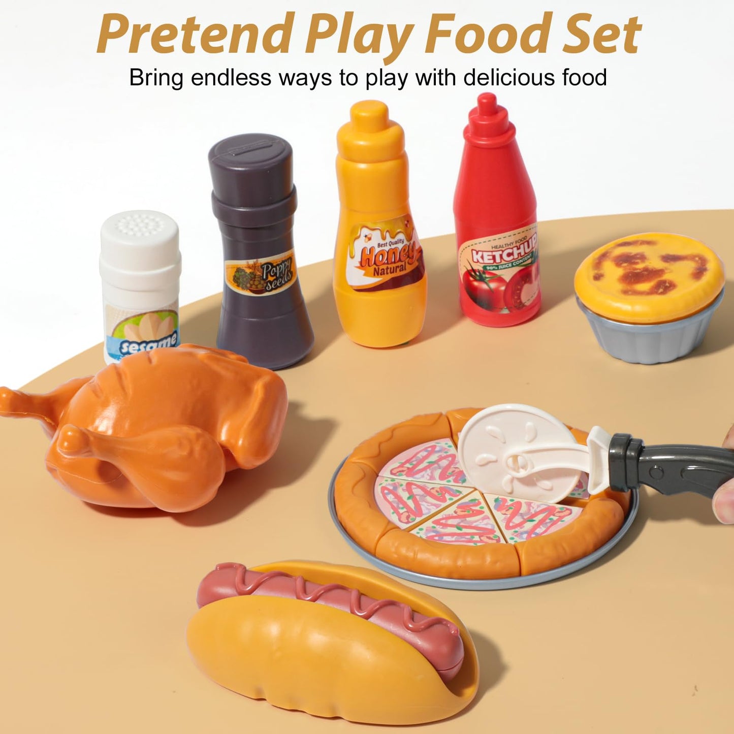 Hydeem 80 Pcs Pretend Play Food Toy for Kids Kitchen Aged 3 4 5, Fast Food Set with Storage Bucket, Pizza, Burger, Ice Cream, Hot Dog, Educational Birthday Toy Gift for Boys Girls