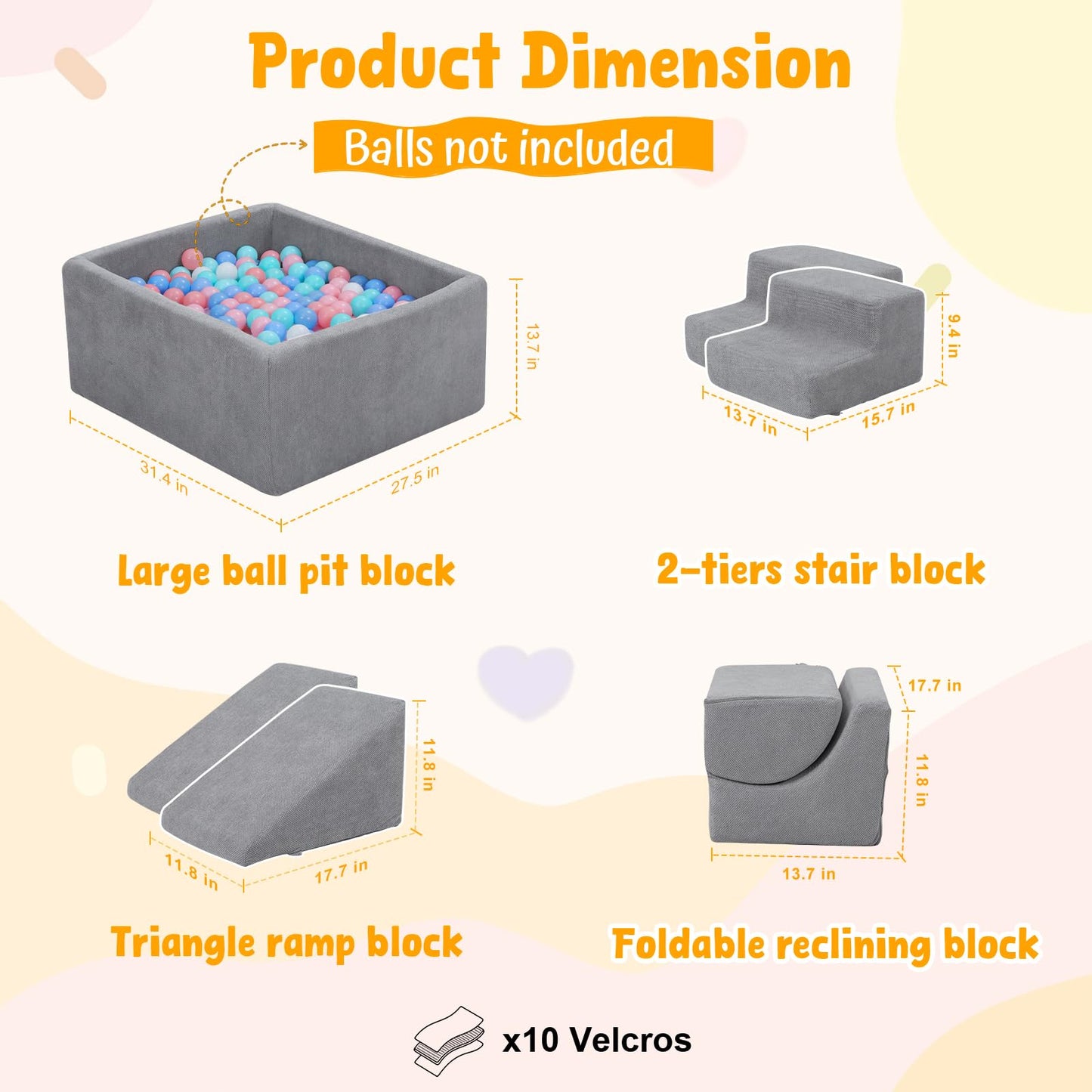 MOOZHEALTH Baby Climbing Blocks with Ball Pit, 6-Piece Foam Climb & Crawl Play Set for Toddlers 1–3, Modular Soft Play Equipment with Washable Cover, Indoor Activity Toys, Gray (Balls Not Included)