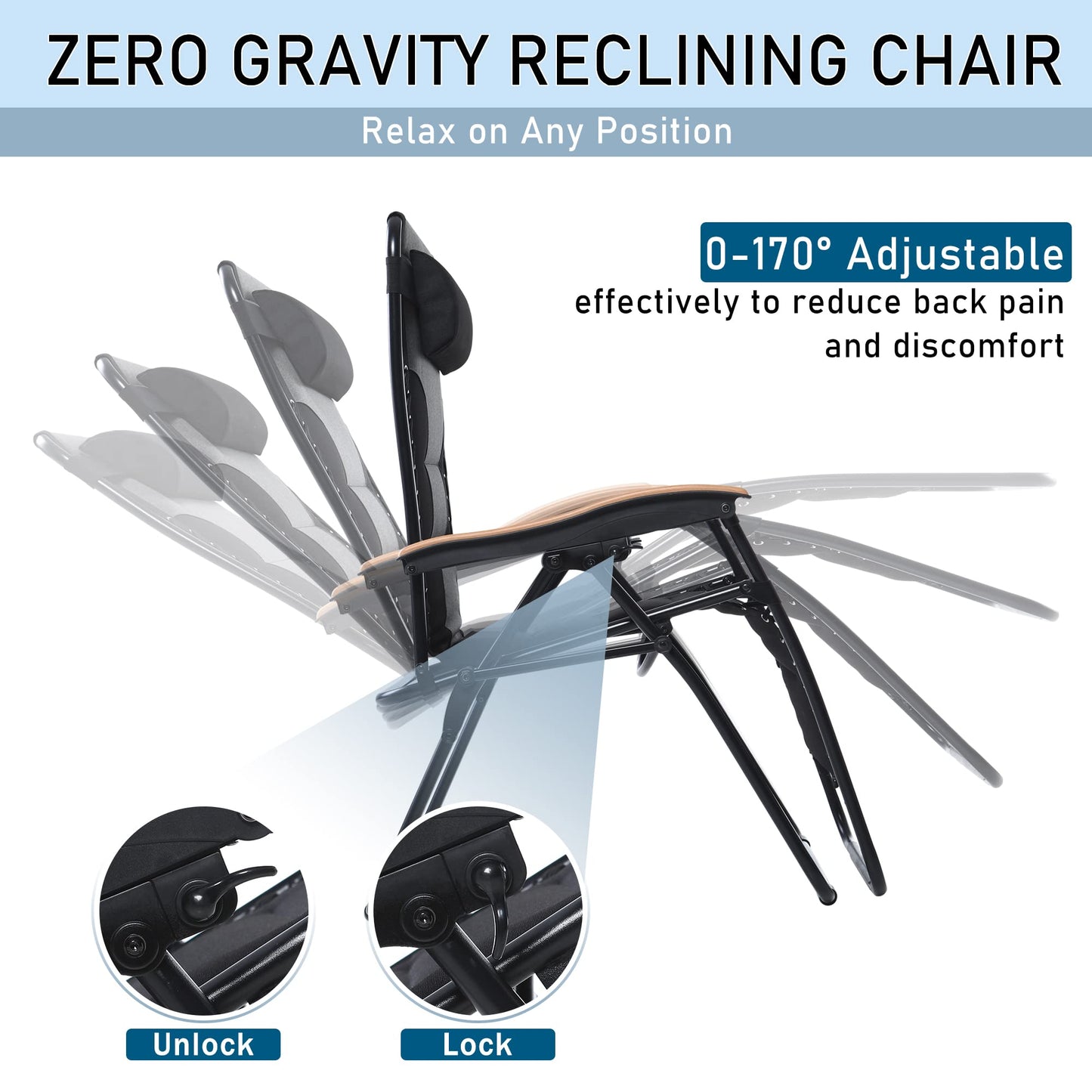 PHI VILLA XXL Oversized Padded Zero Gravity Chair Set of 2, Foldable Patio Recliner, 30" Wide Seat Anti Gravity Lounger with Armrest and Cup Holder, Support 400 LBS (Black)