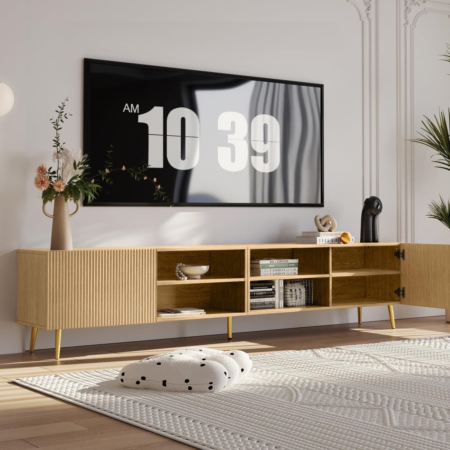 KIMOLST Modern 86in TV Stand for Living Room, Fluted Design Entertainment Center with Adjustable Shelves,Media TV Console Table with Storage for Bedroom,Nature